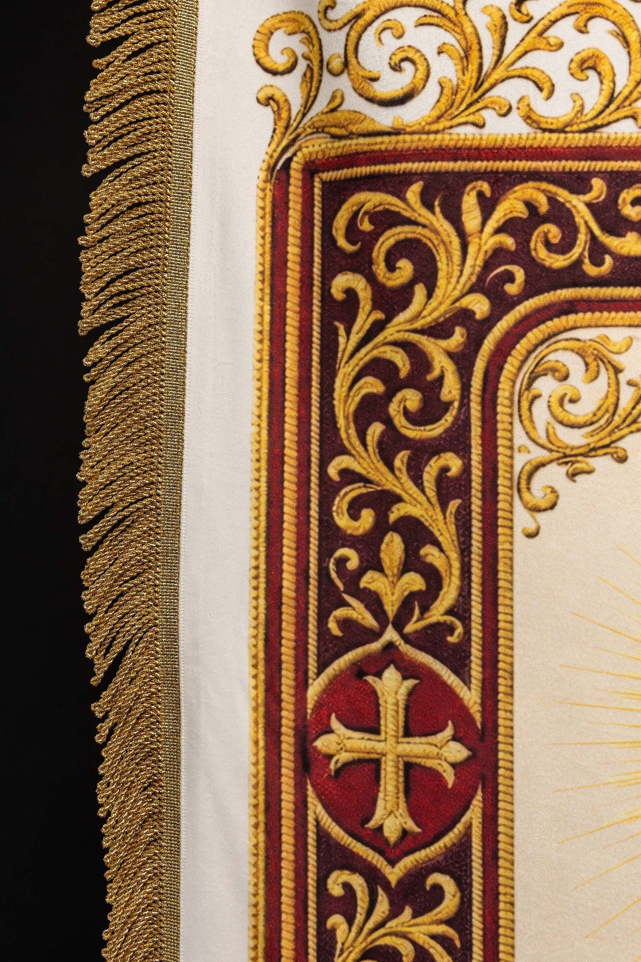 Stendardo liturgico stampato fronte-retro con il Sacro Cuore di Gesù e il calice con IHS