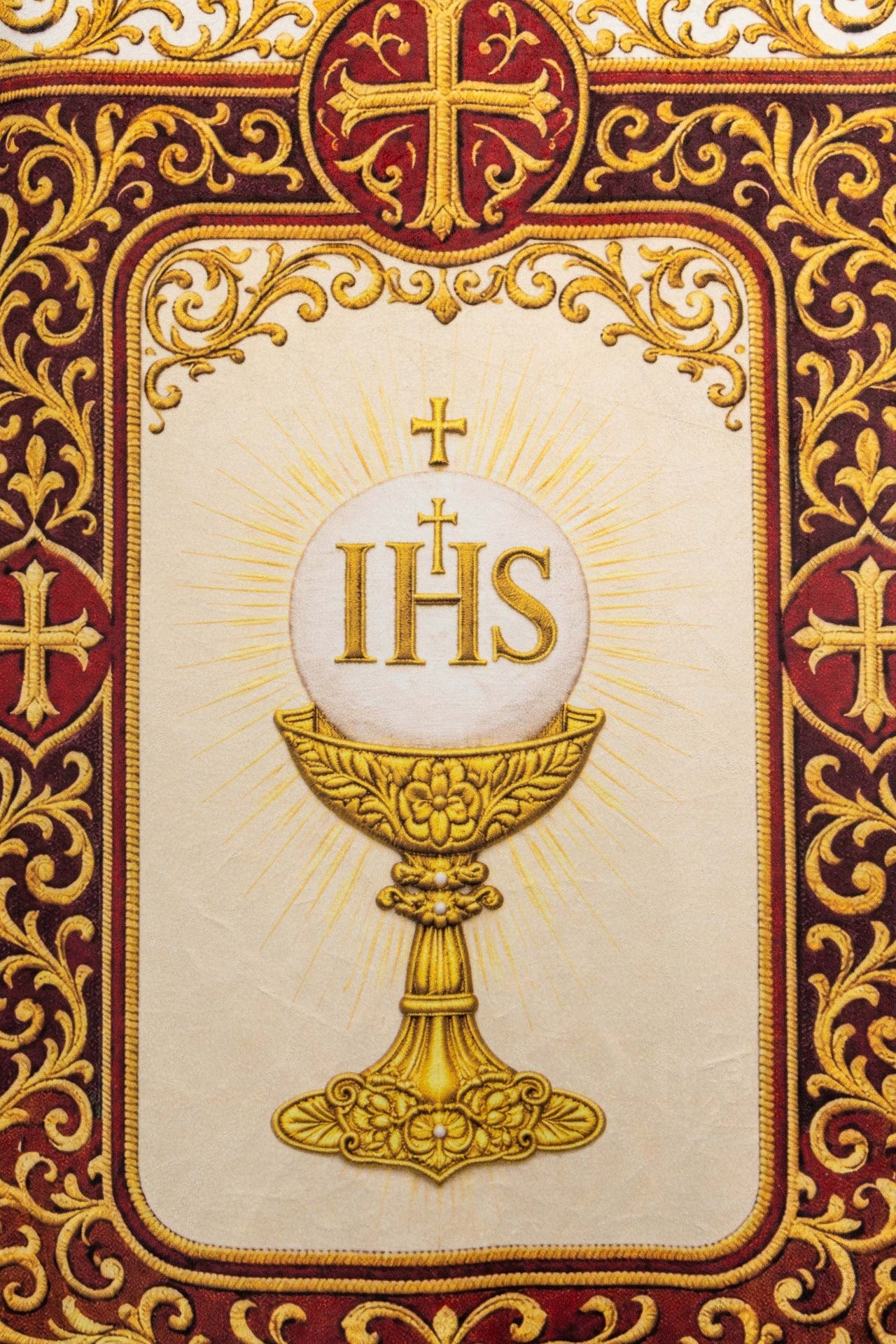 Stendardo liturgico stampato fronte-retro con il Sacro Cuore di Gesù e il calice con IHS