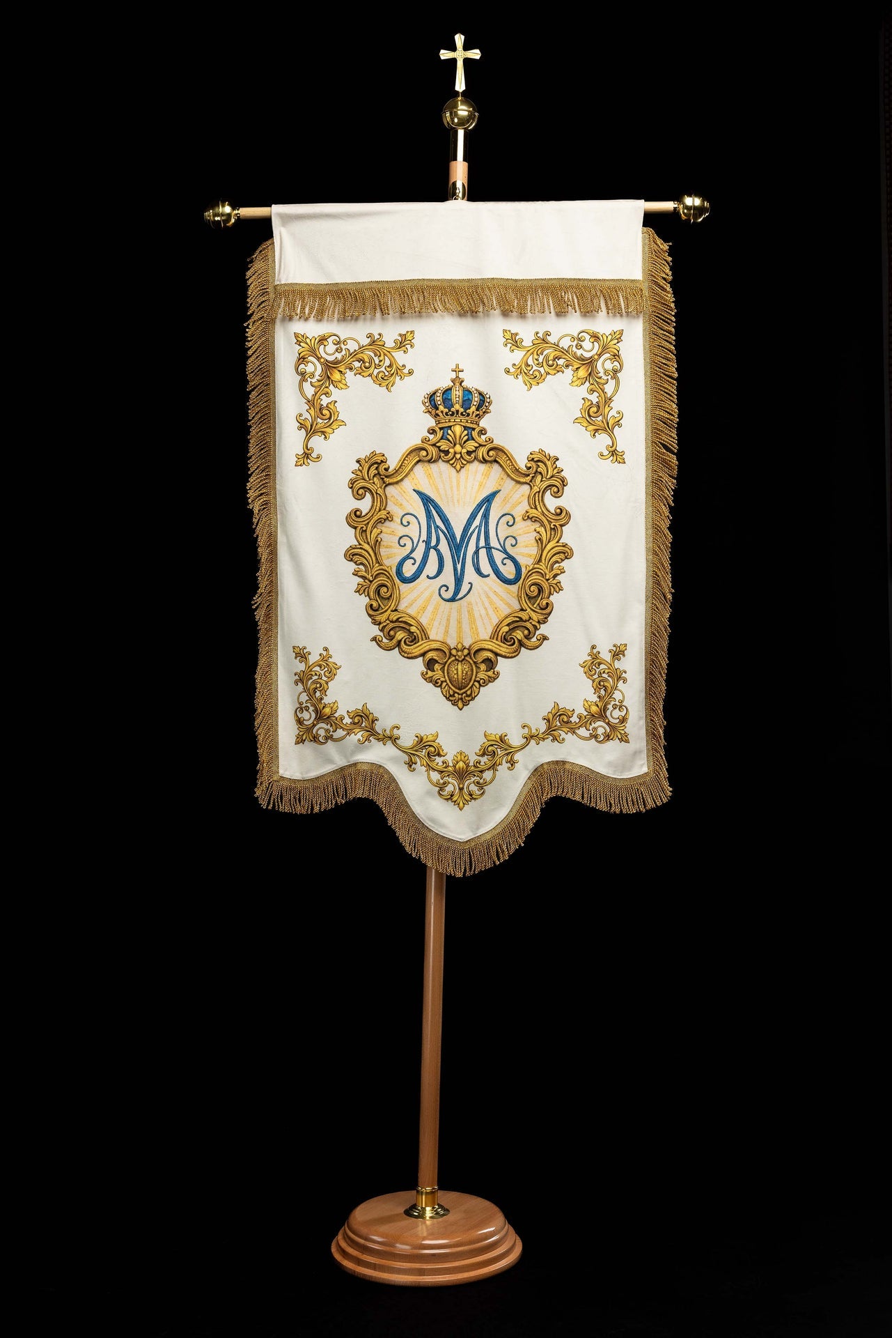 Stendardo liturgico mariano stampato fronte-retro con il simbolo del Cuore e monogramma mariano