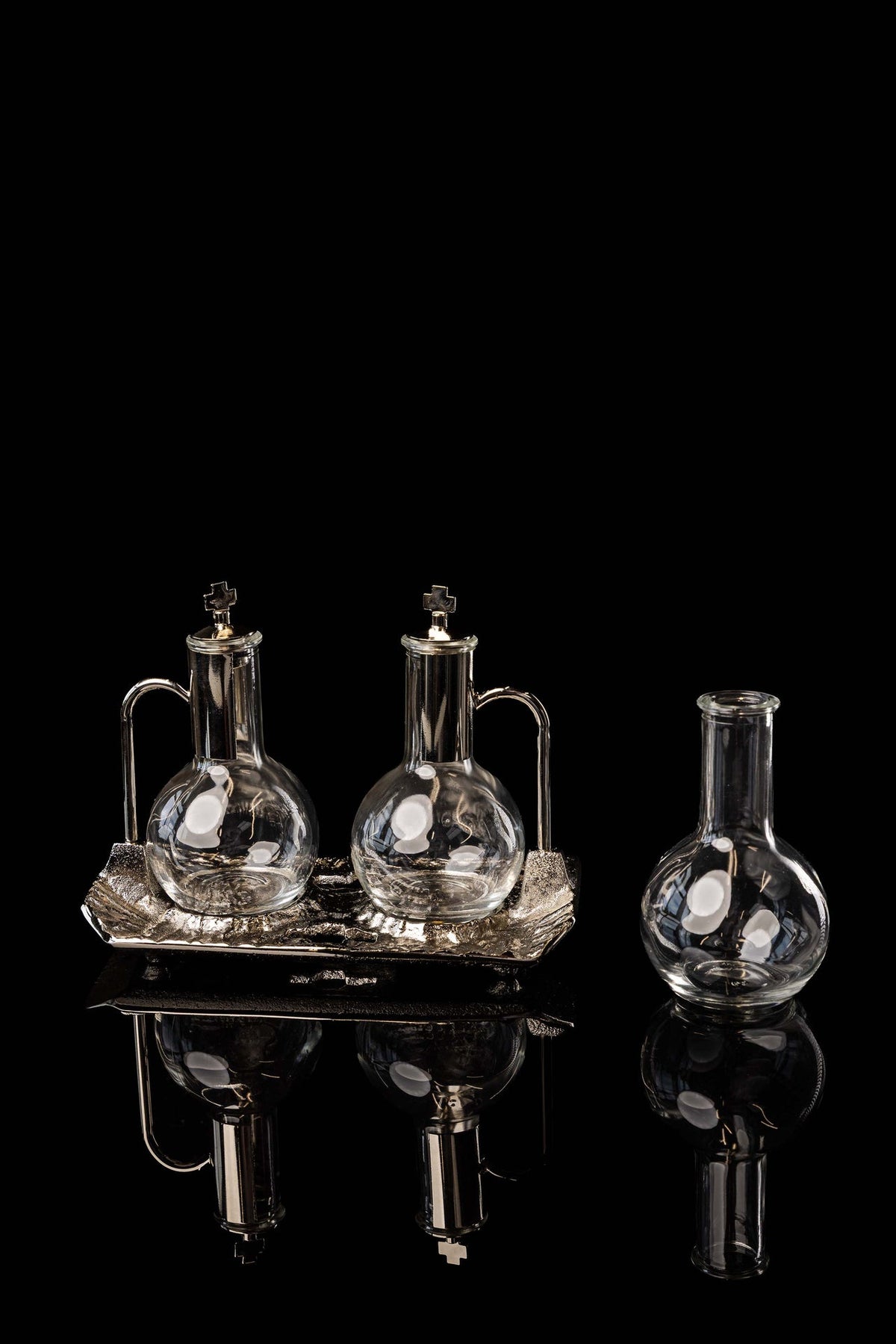 Ampolline liturgiche da 100 ml per vino e acqua con vassoio nichelato