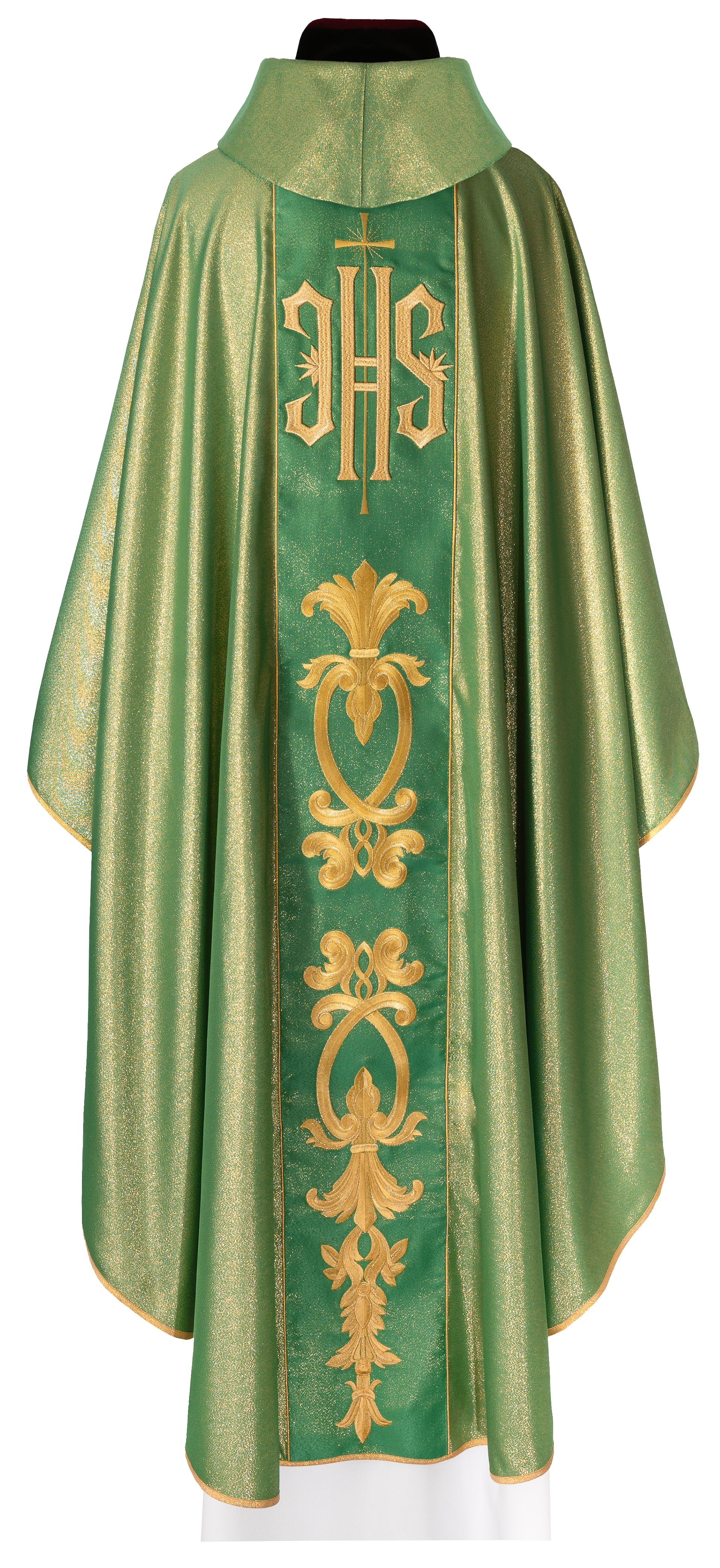 Casula verde riccamente decorata con motivo dorato e ampia fascia IHS