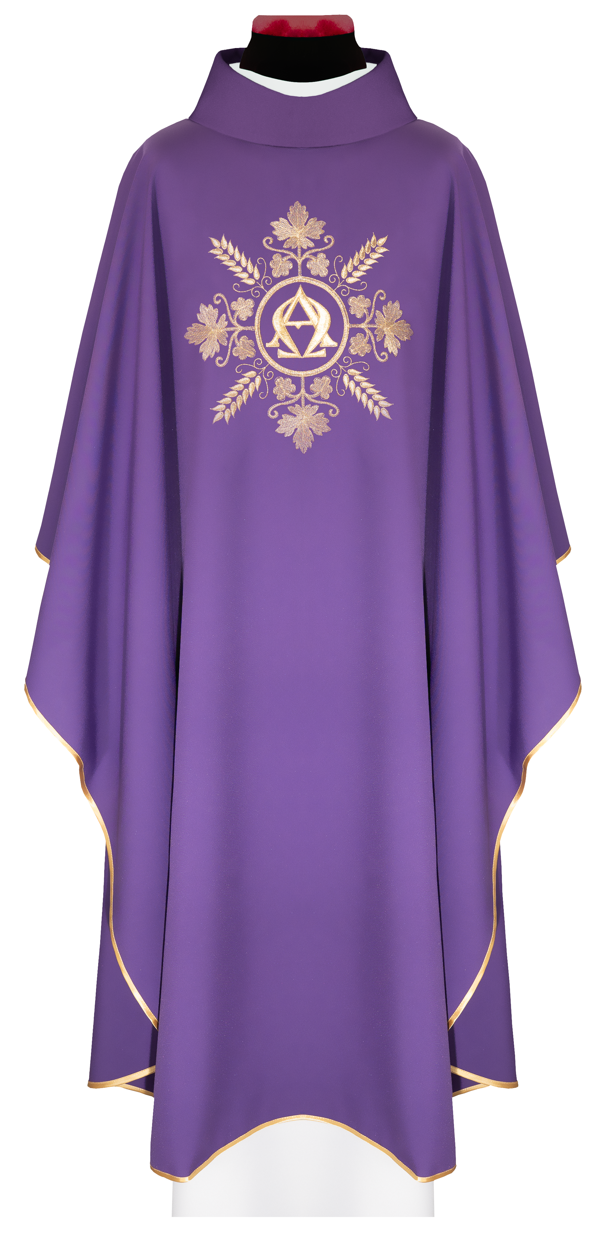 Pianeta viola ricamata con simboli Alfa e Omega e spighe