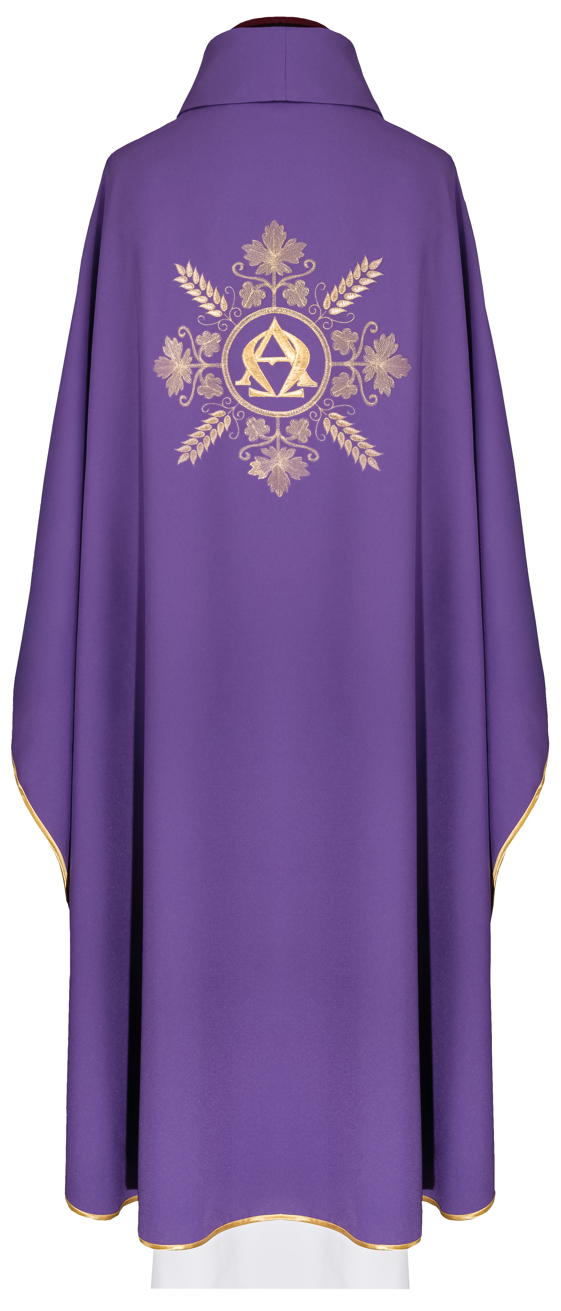 Pianeta viola ricamata con simboli Alfa e Omega e spighe
