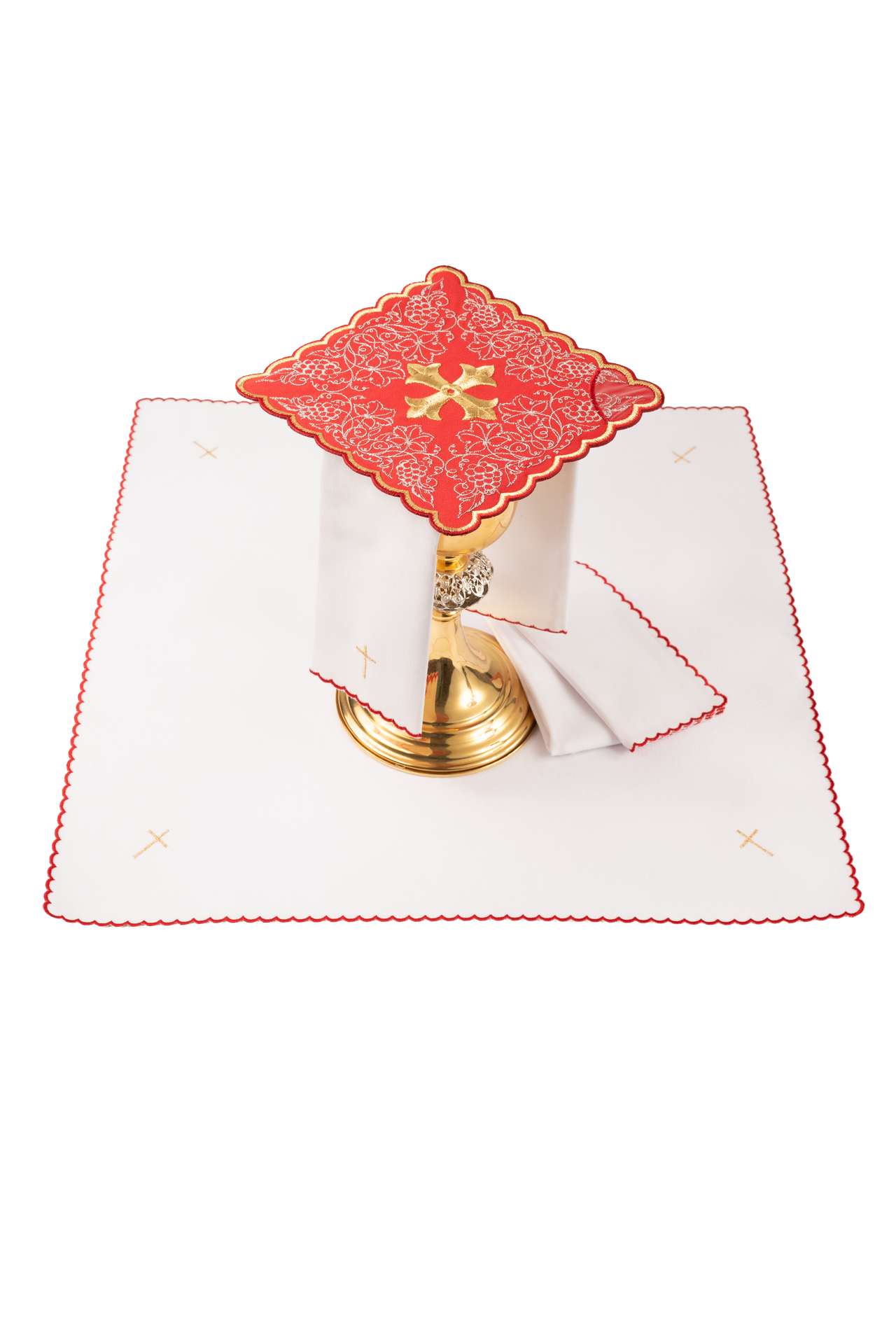 Komplet kielichowy haftowany z motywem krzyża czerwony - ORNATY.PL