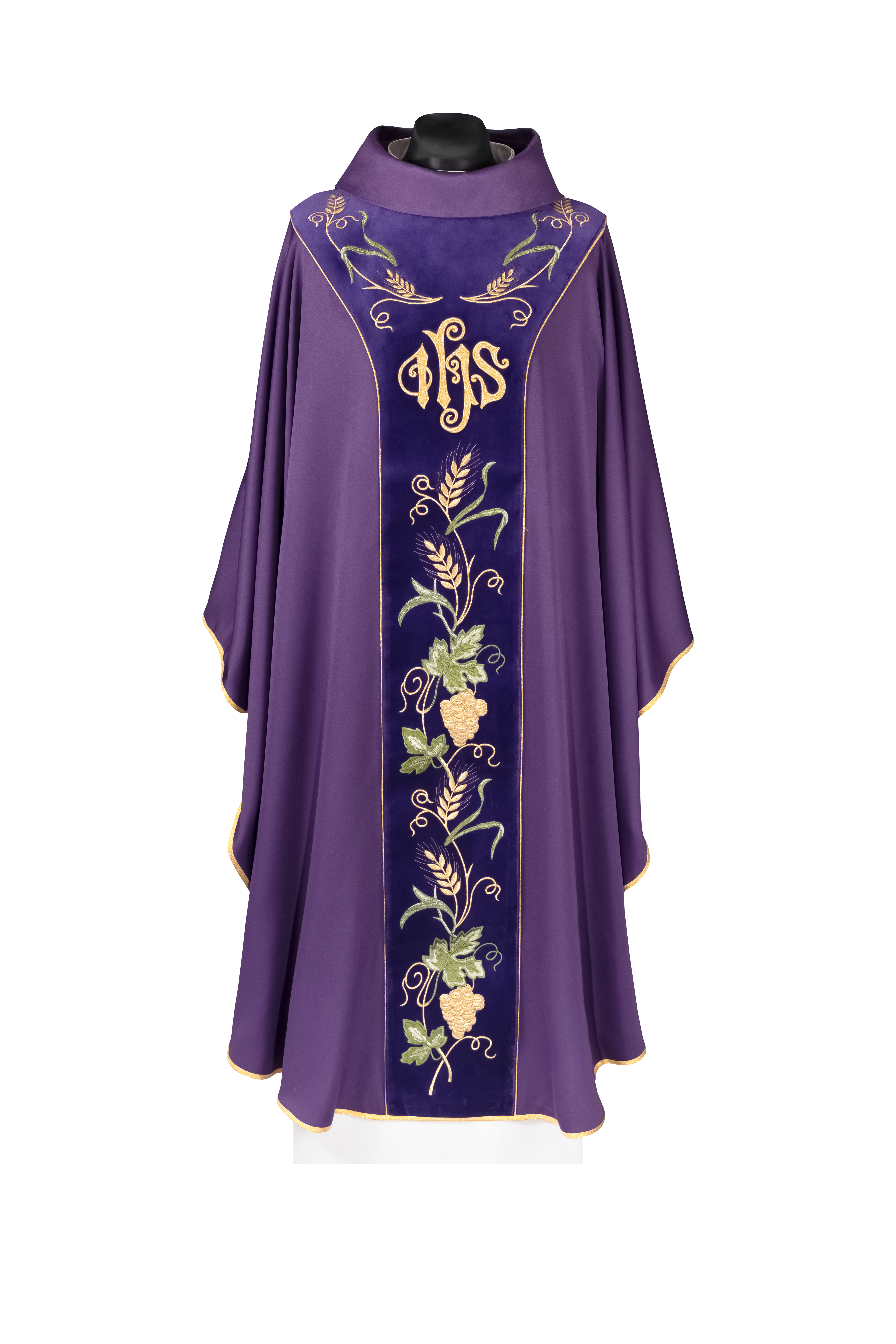 Pianeta con fascia viola in velluto e ricamo IHS
