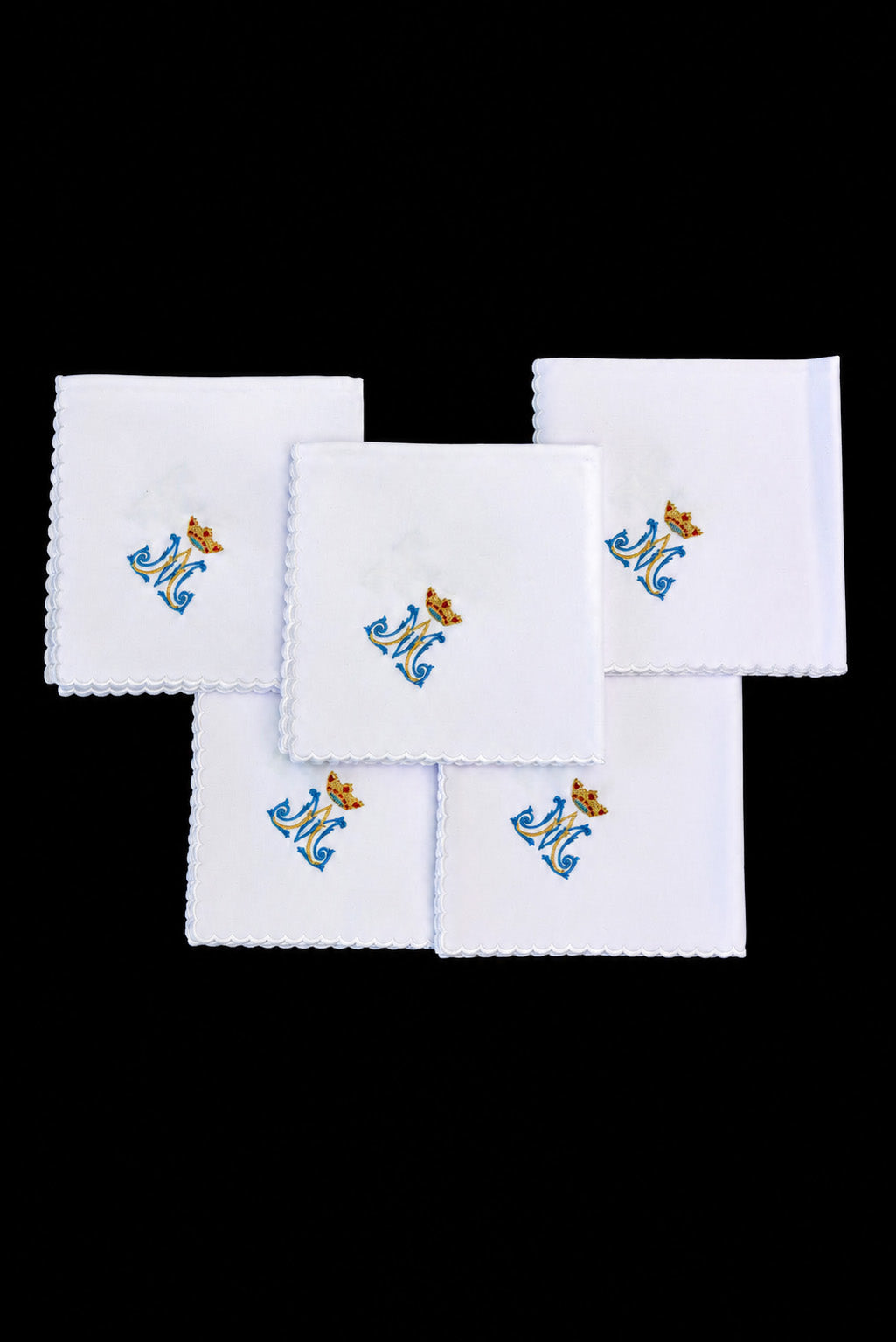 Set di 5 corporali con ricamo mariano