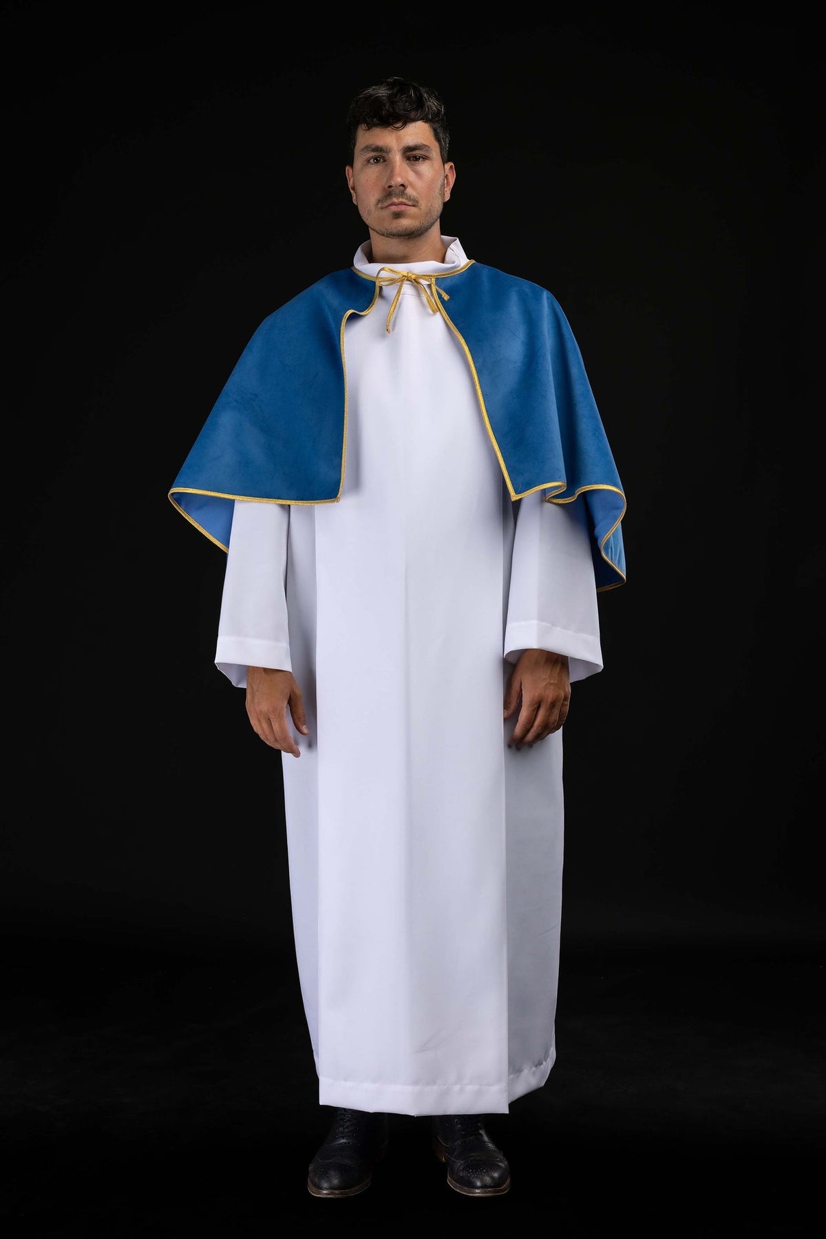 Mantellina da ministrante in velluto blu con bordo dorato