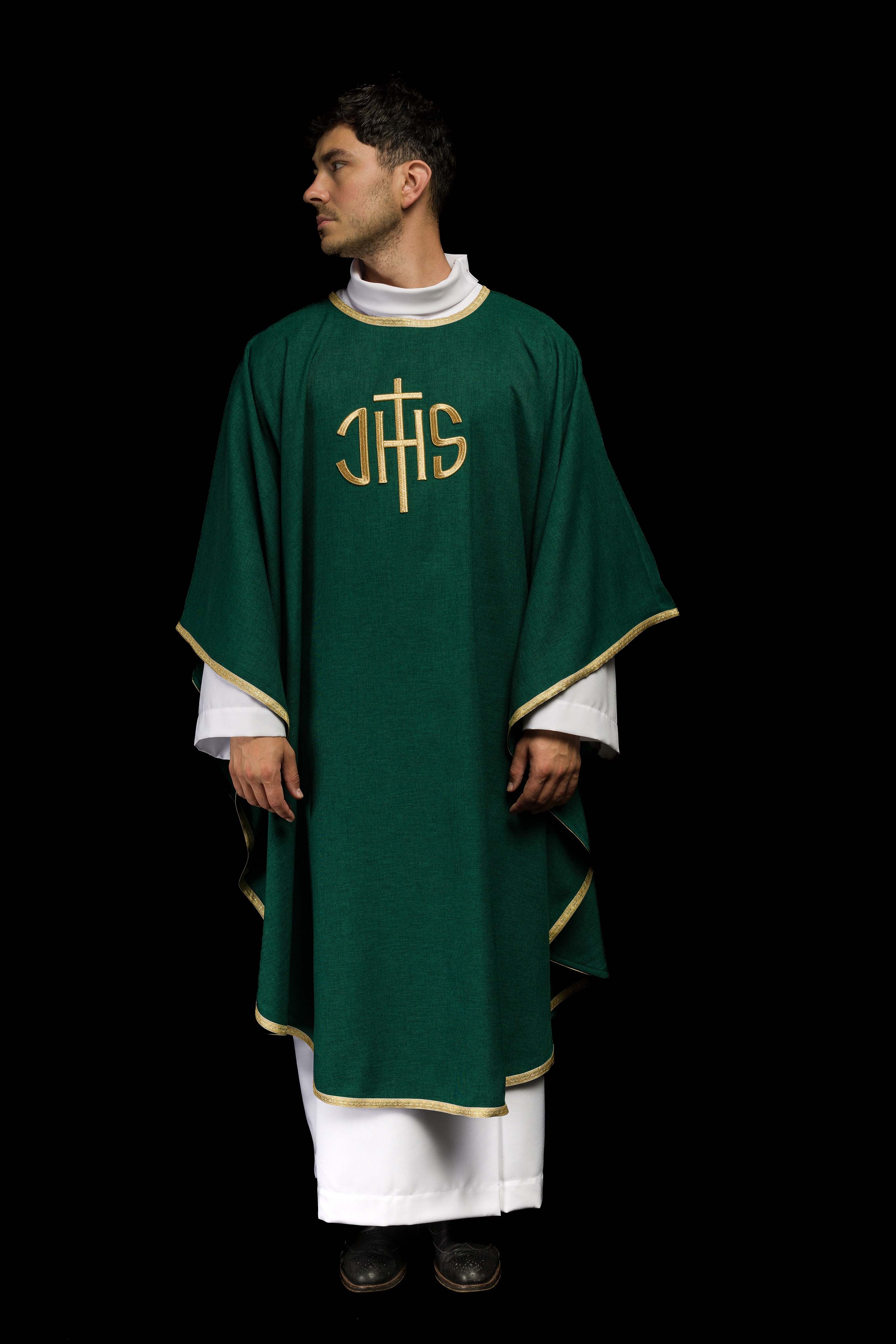 Casula liturgica verde con ricamo dorato IHS