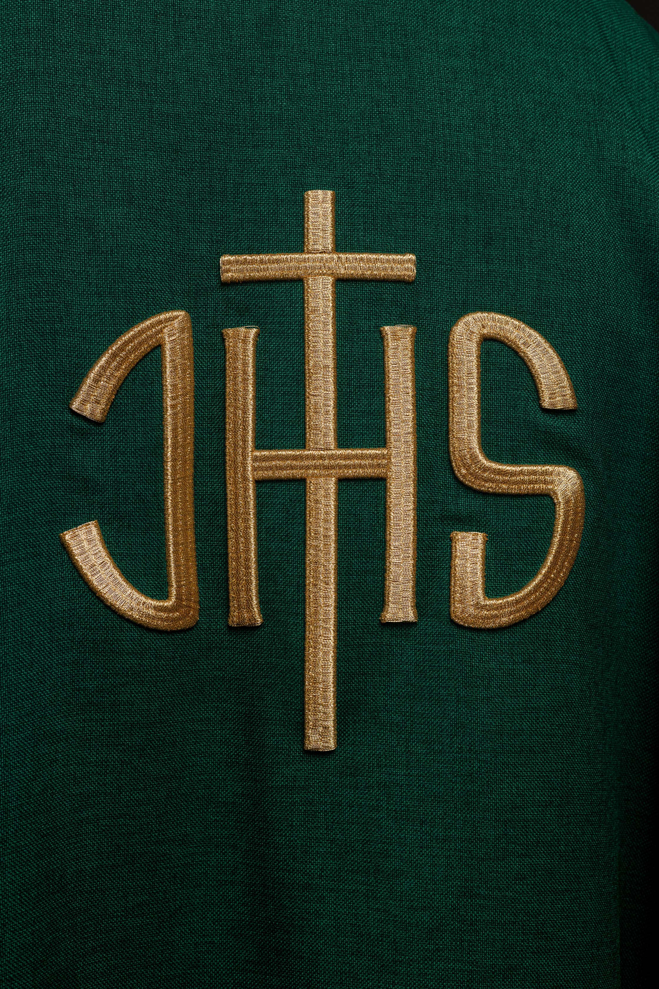 Casula liturgica verde con ricamo dorato IHS