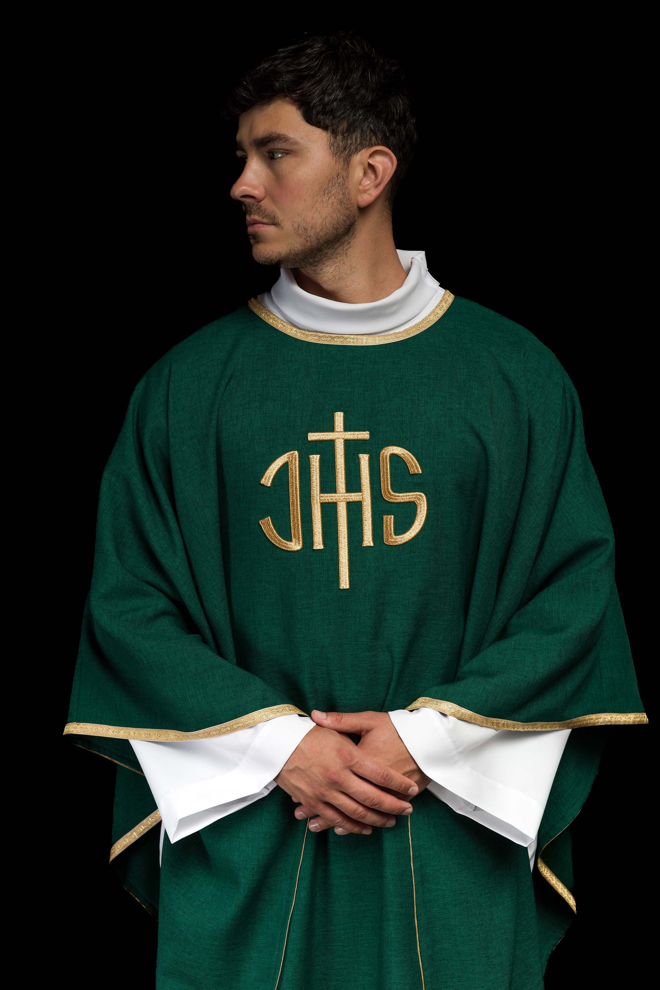 Casula liturgica verde con ricamo dorato IHS