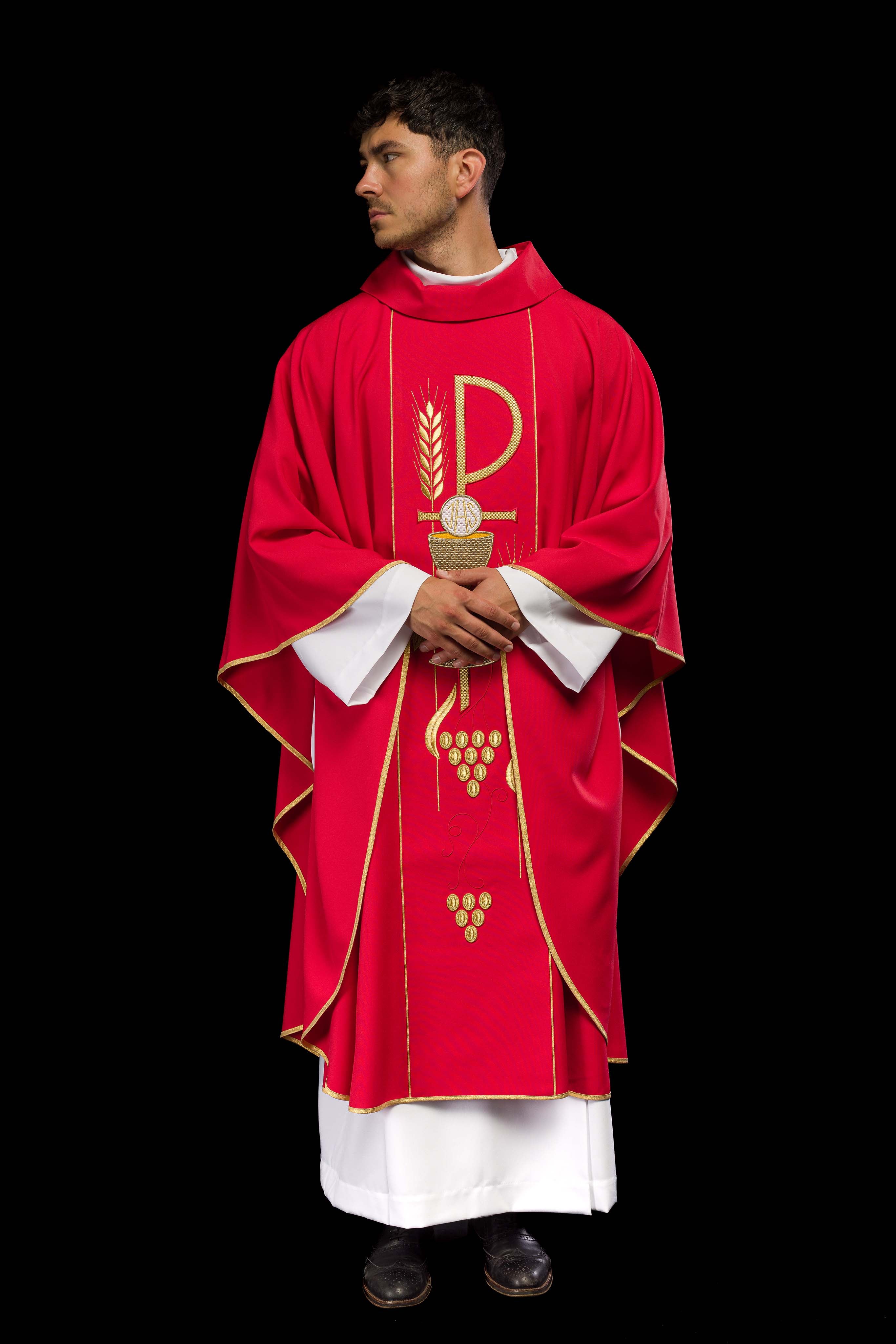 Casula Rossa con ricamo Calice e IHS
