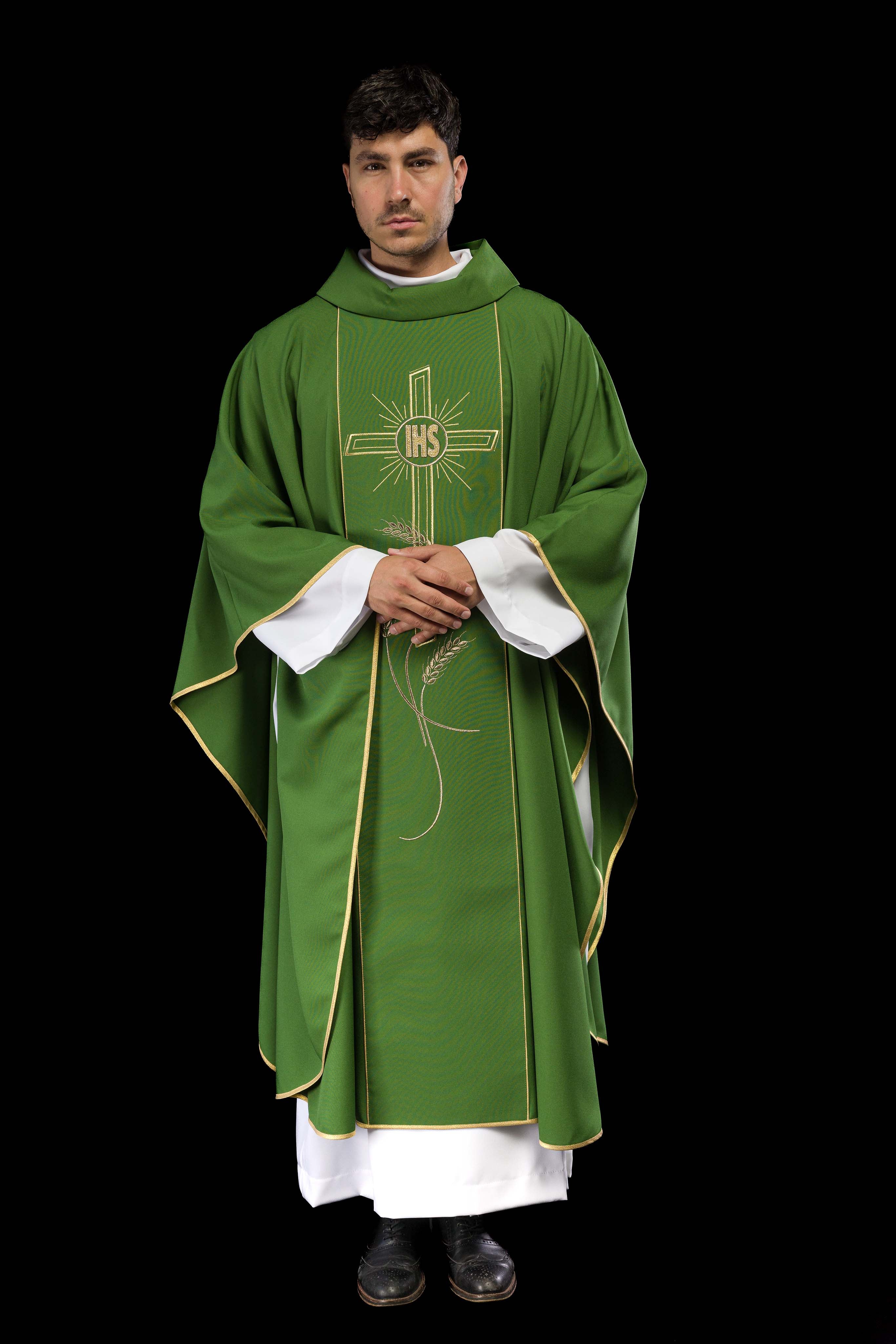 Casula Verde con ricamo dorato Croce e IHS