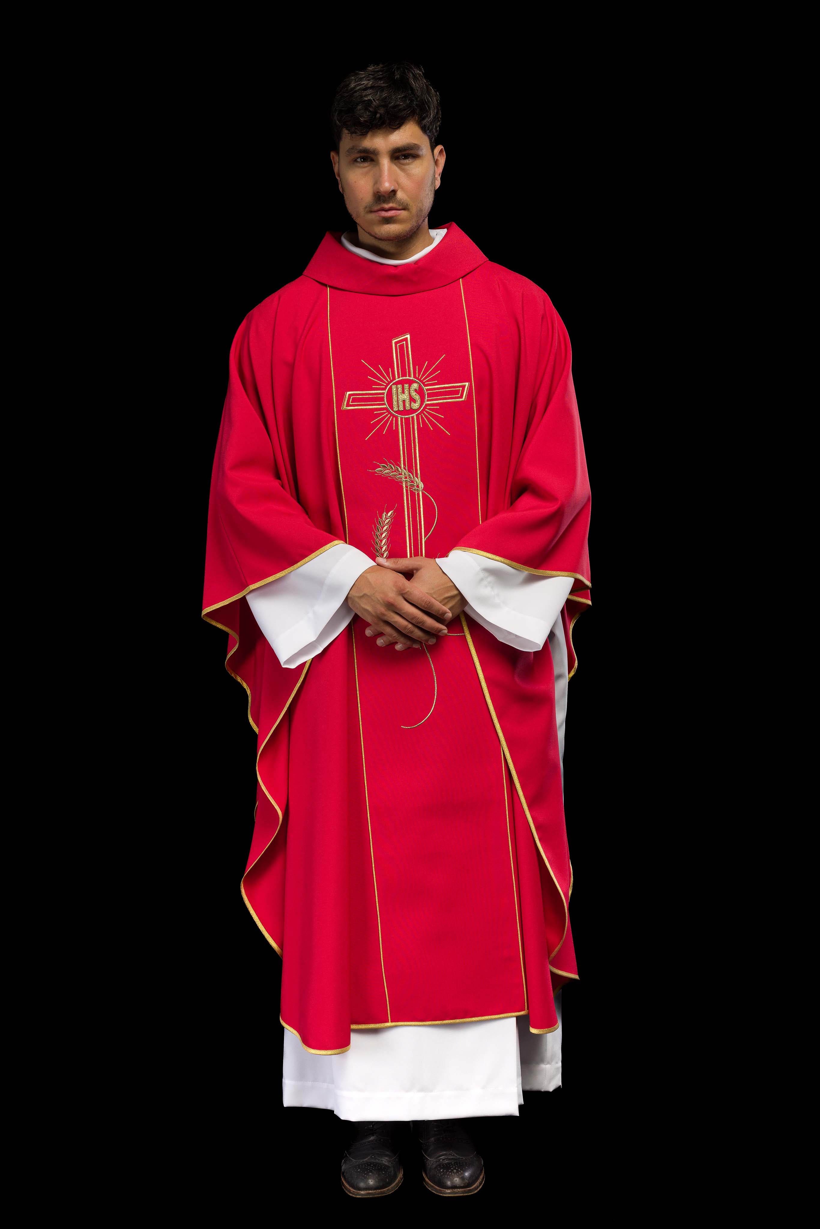 Casula Rossa con ricamo dorato Croce e IHS