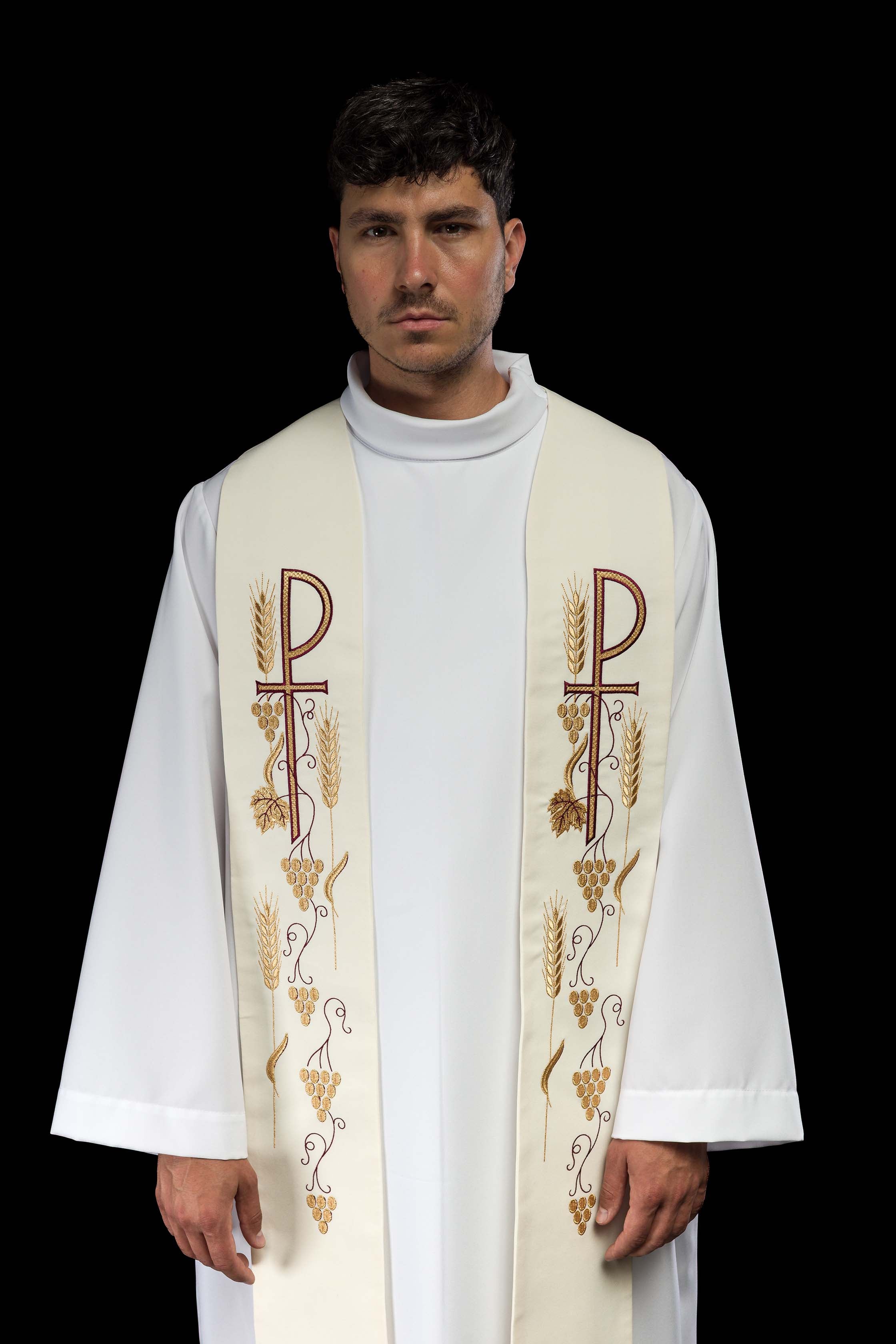 Stola sacerdotale écru ricamata con croce e uva
