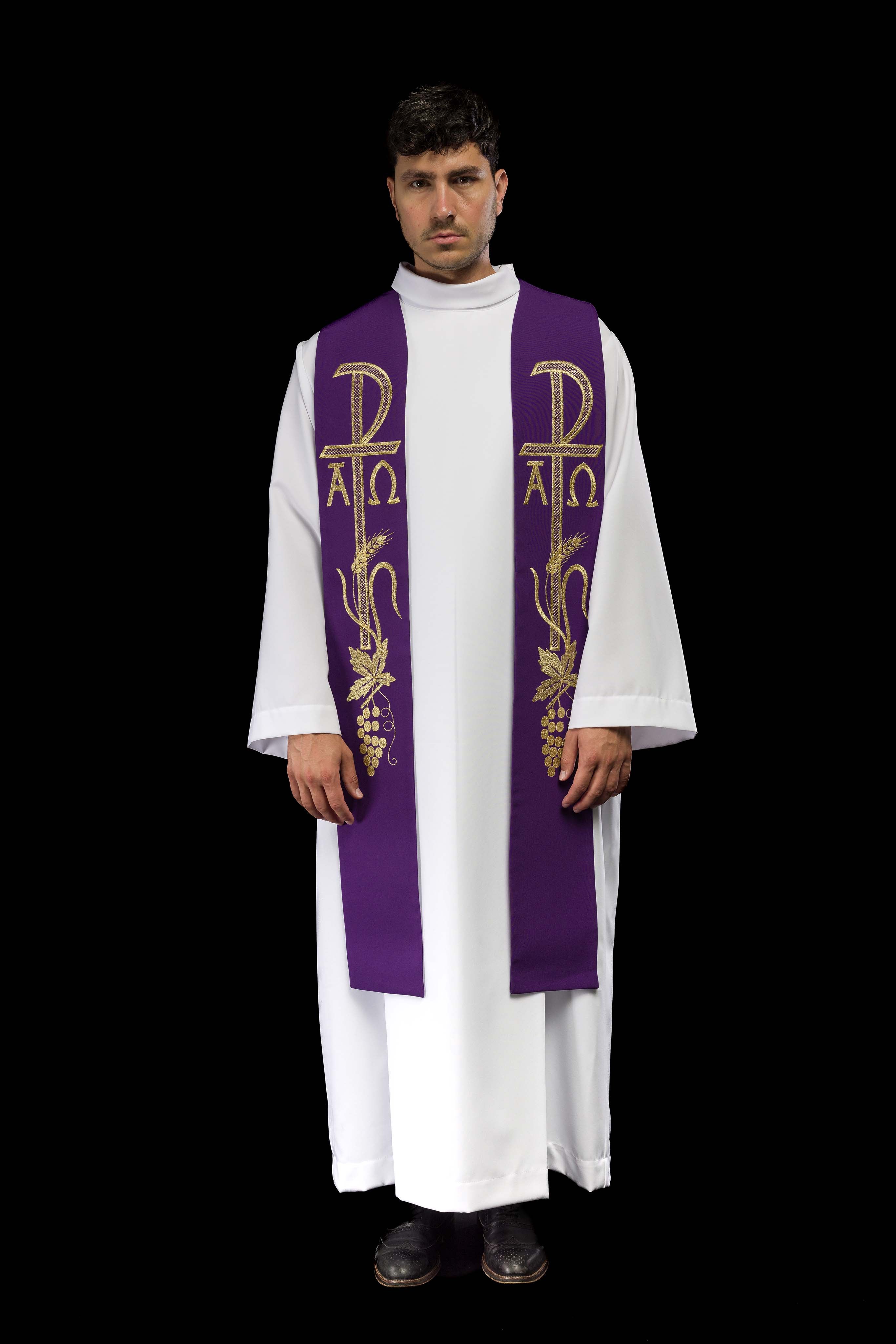 Stola sacerdotale viola ricamata Alfa e Omega