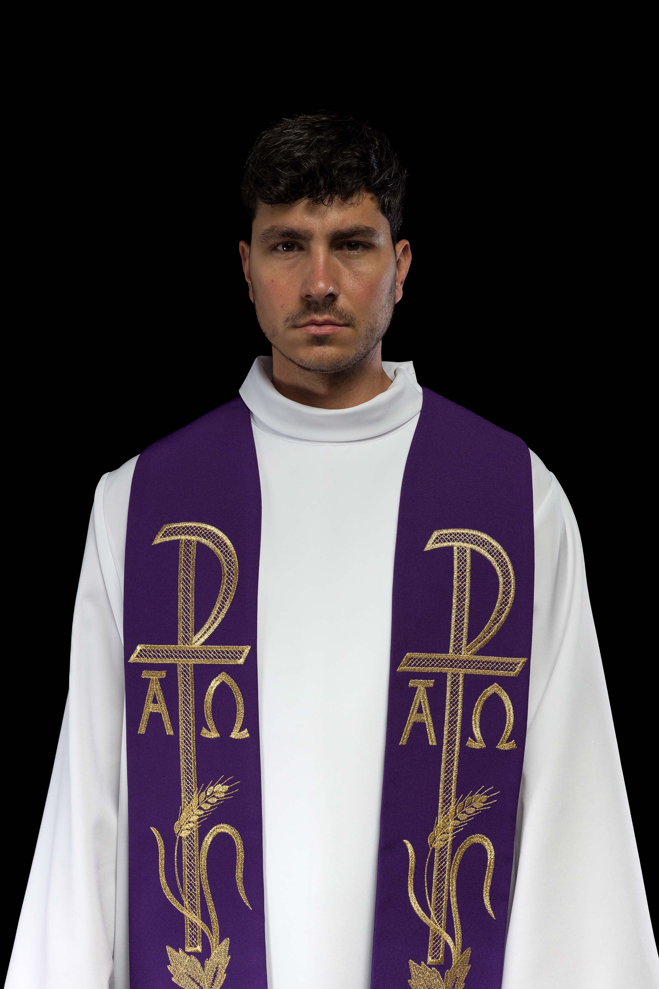 Stola sacerdotale viola ricamata Alfa e Omega