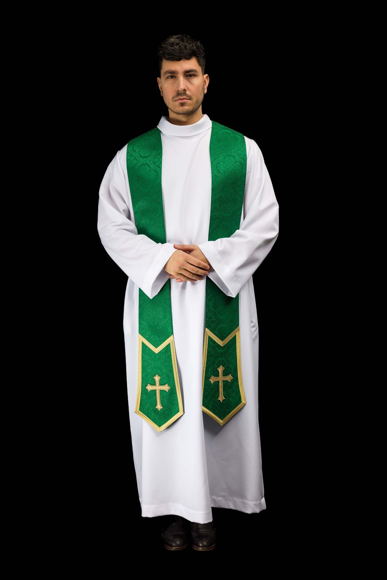 Stola ricamata con motivo a Croce in tessuto jacquard verde