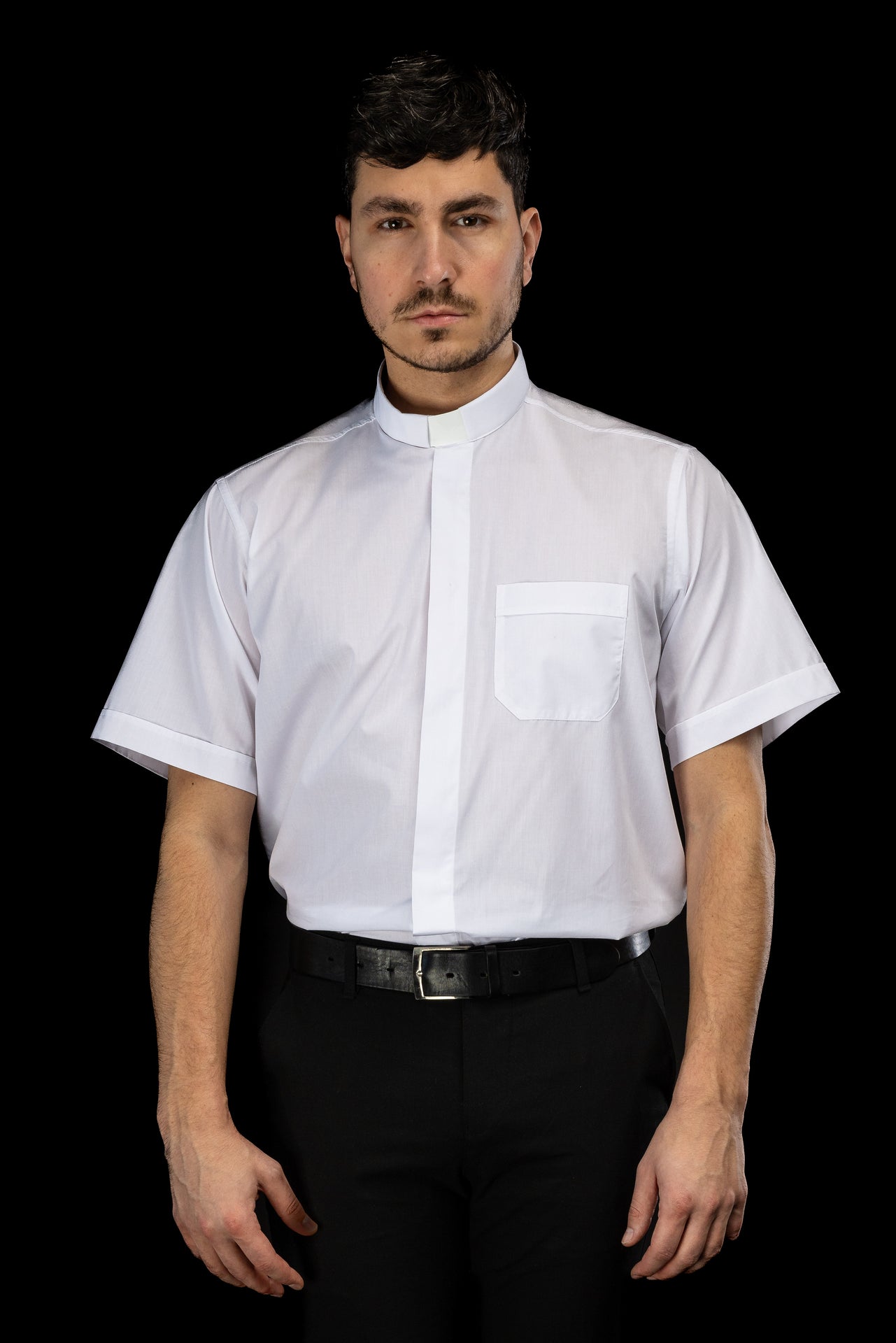Camicia clergy bianca a maniche corte con colletto romano