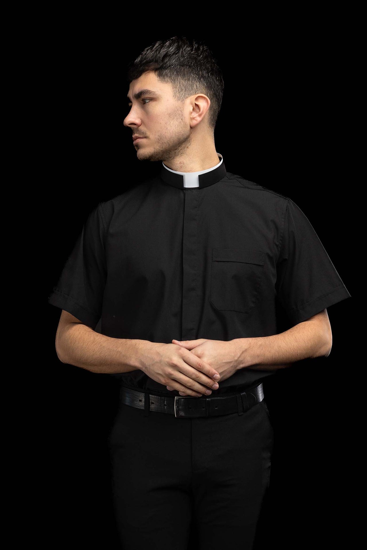 Camicia clergy romana nera a maniche corte con colletto romano