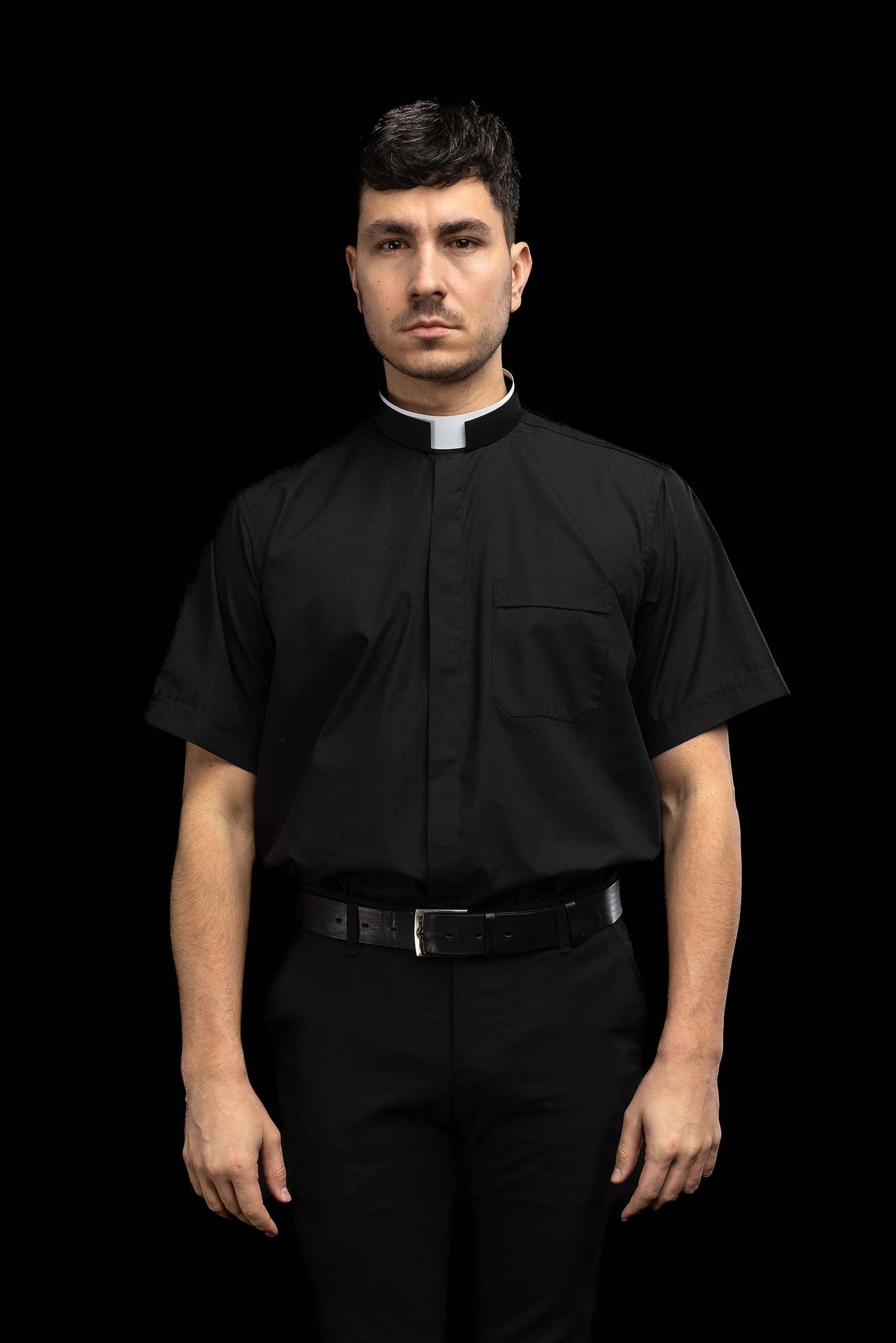 Camicia clergy romana nera a maniche corte con colletto romano