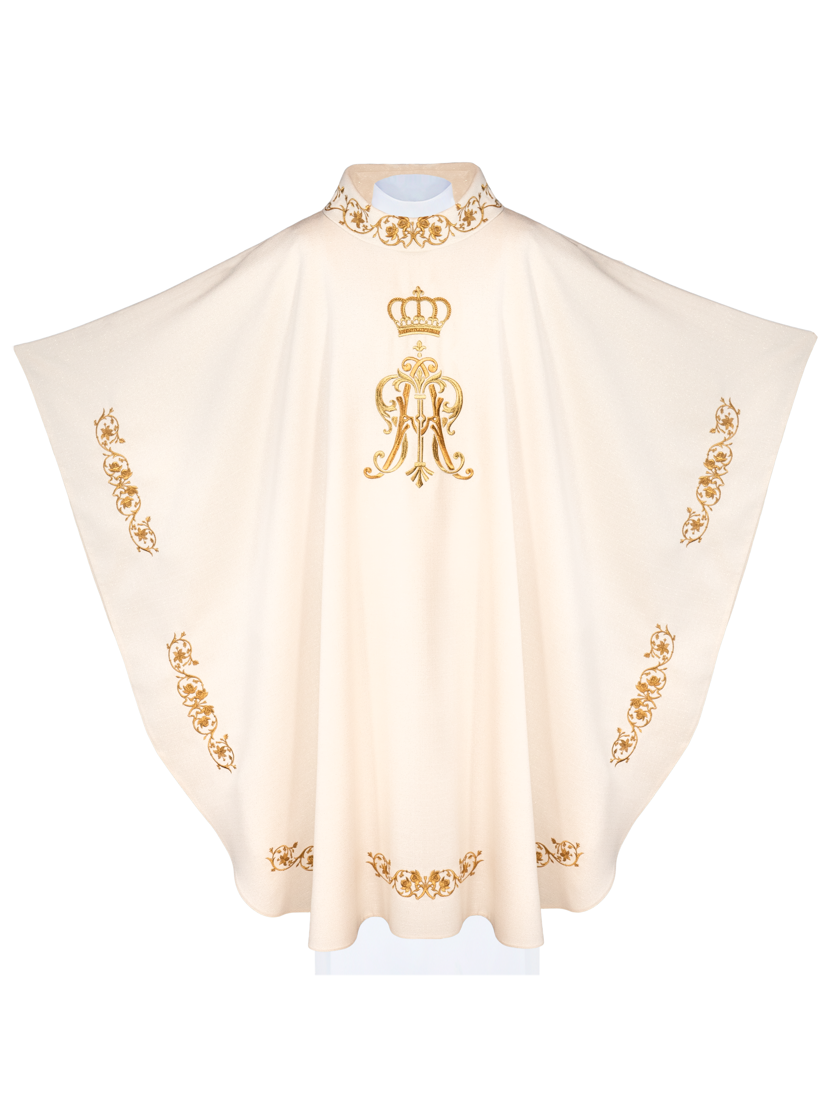 Casula liturgica ricamata con stemma mariano e corona
