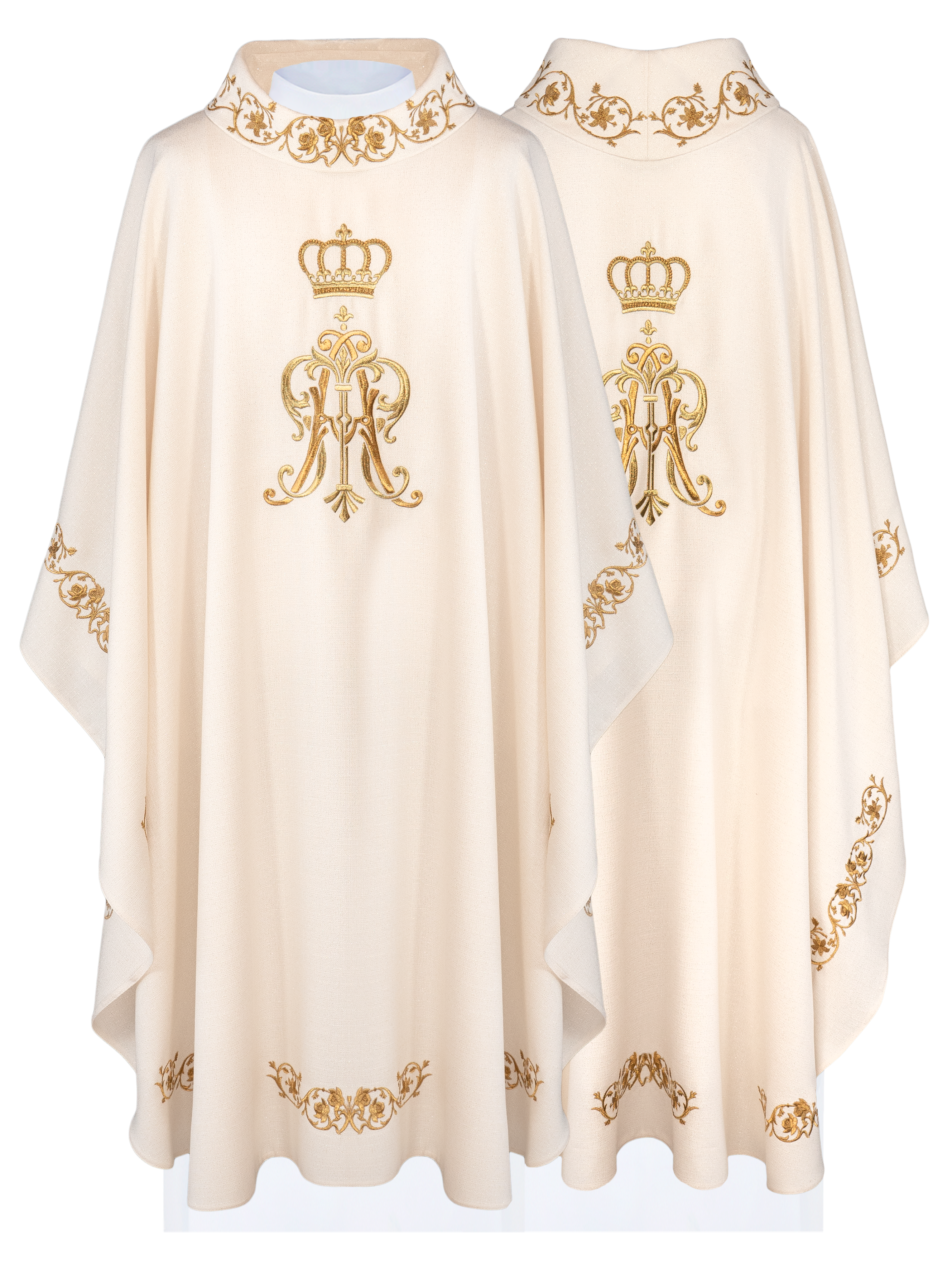 Casula liturgica ricamata con stemma mariano e corona
