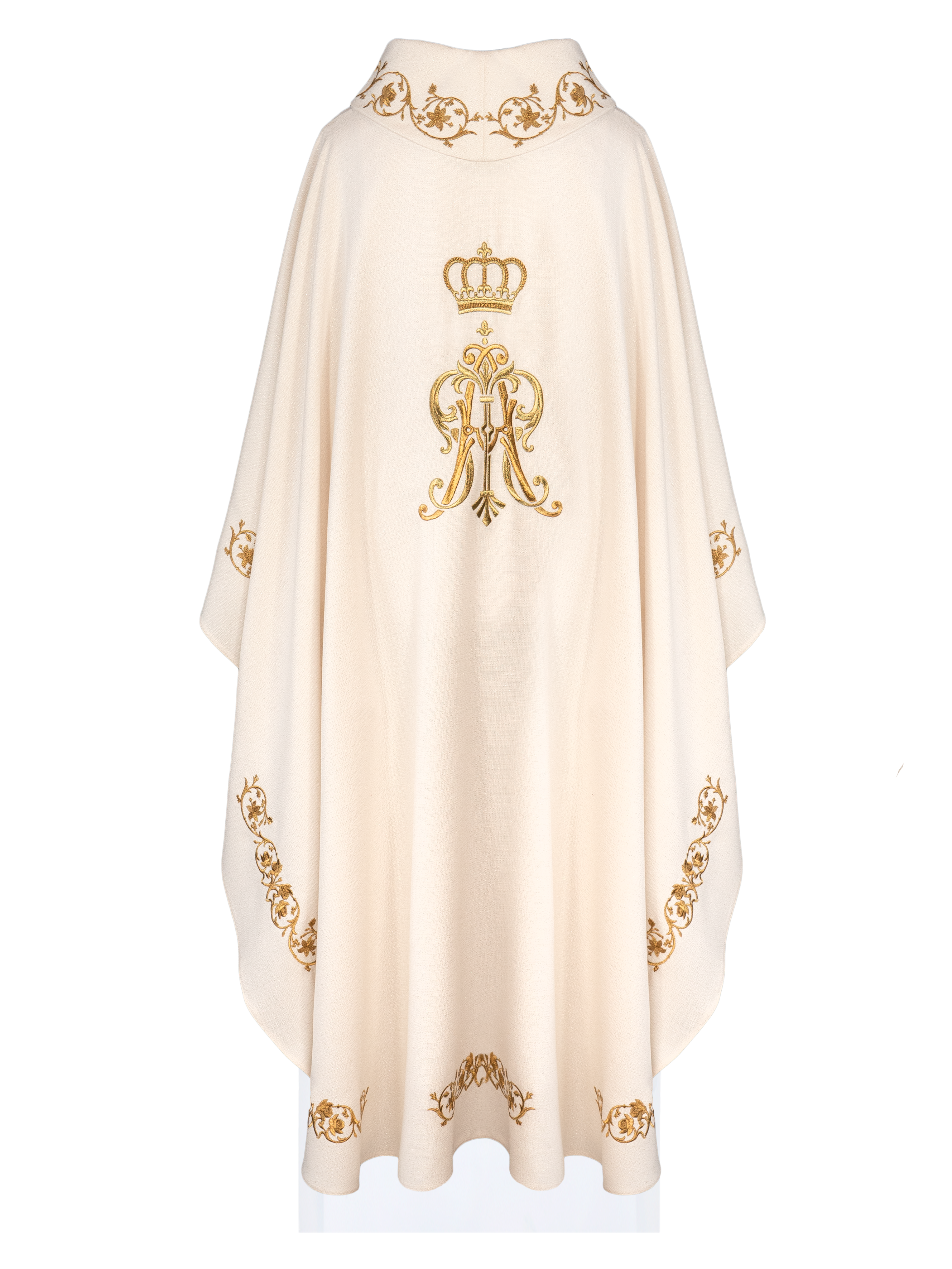 Casula liturgica ricamata con stemma mariano e corona