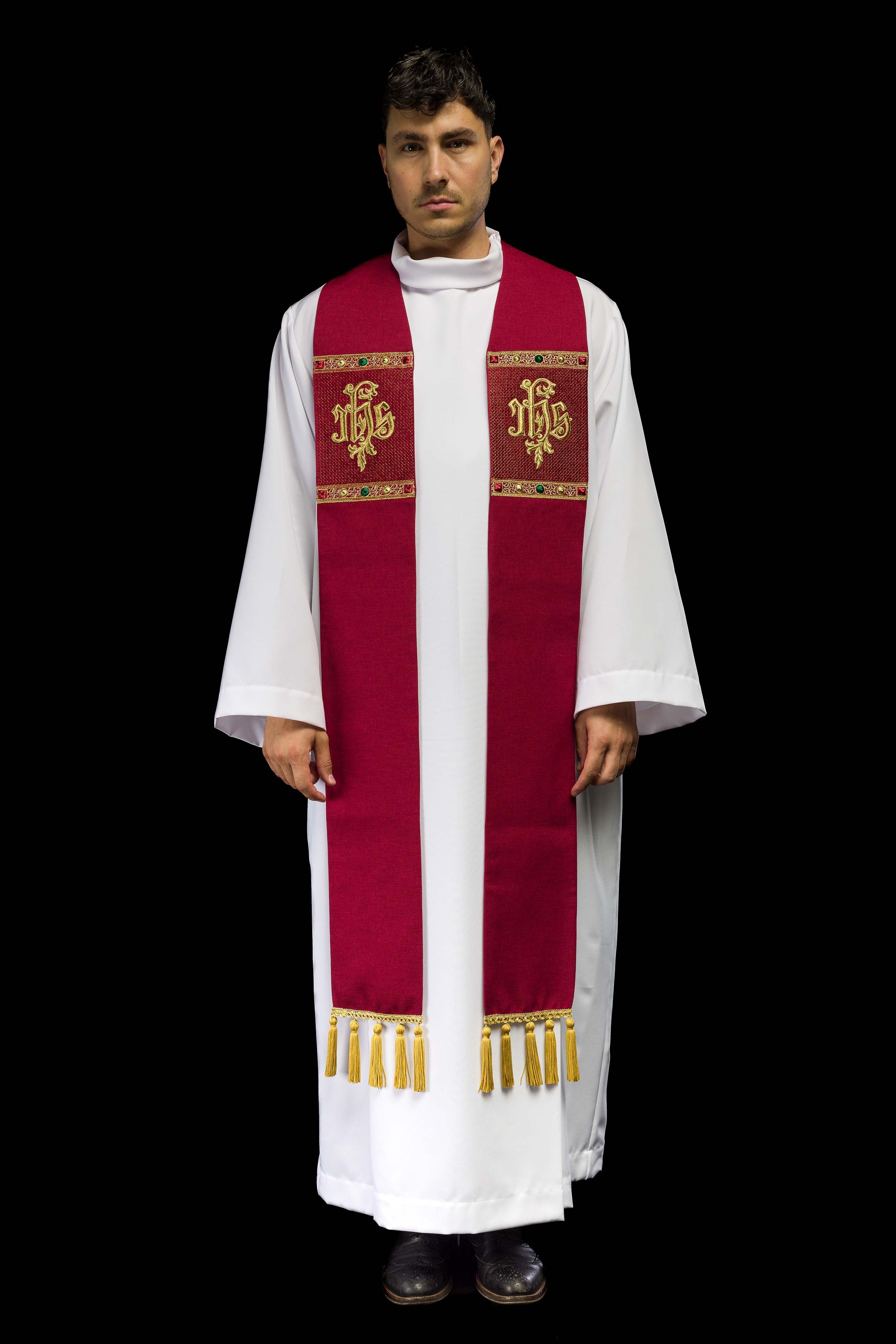 Stola liturgica rossa ricamata con simbolo IHS