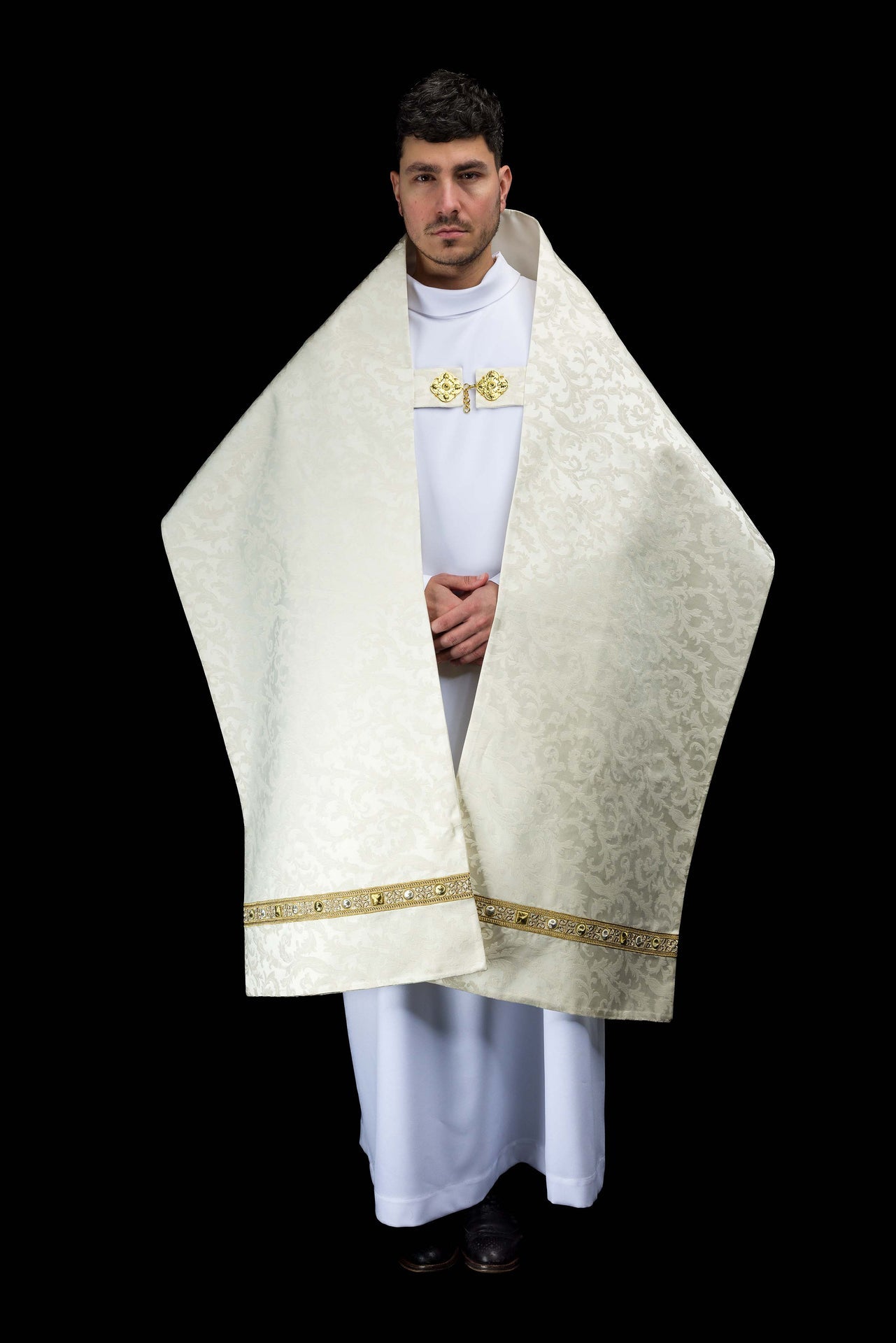 Velo omerale con ricamo dell’Agnello Pasquale su tessuto jacquard