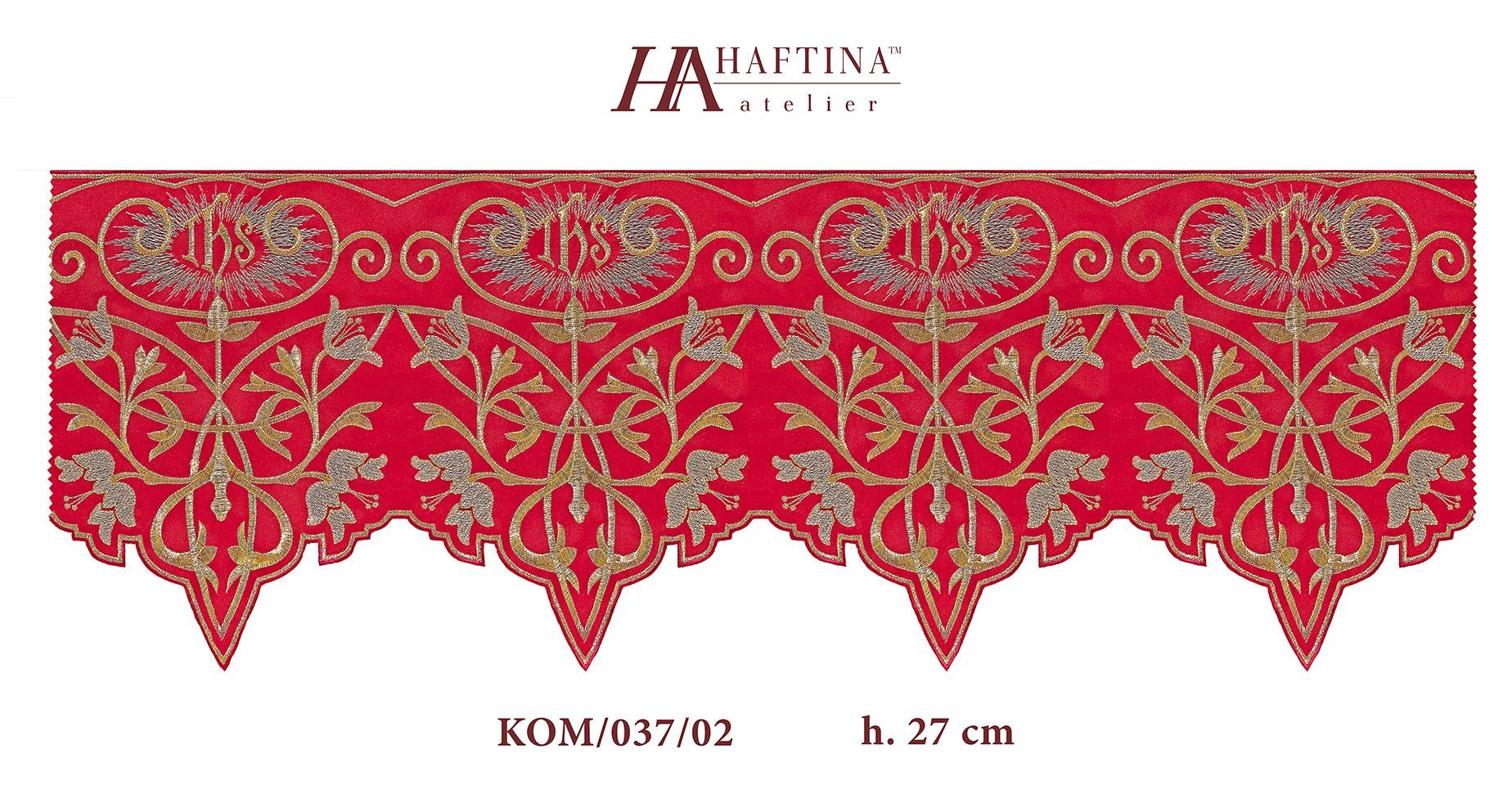 Balza per tovaglia d'altare con monogramma IHS a colori rosso KOM/037/02 27cm 3,5m - PERILPRETE.IT
