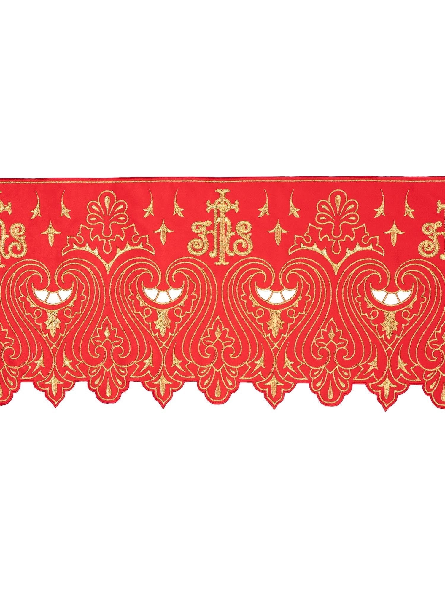 Balza per tovaglia d'altarecon ricamo frontale IHS Rosso KOM/031/02 24cm 3,5m - PERILPRETE.IT