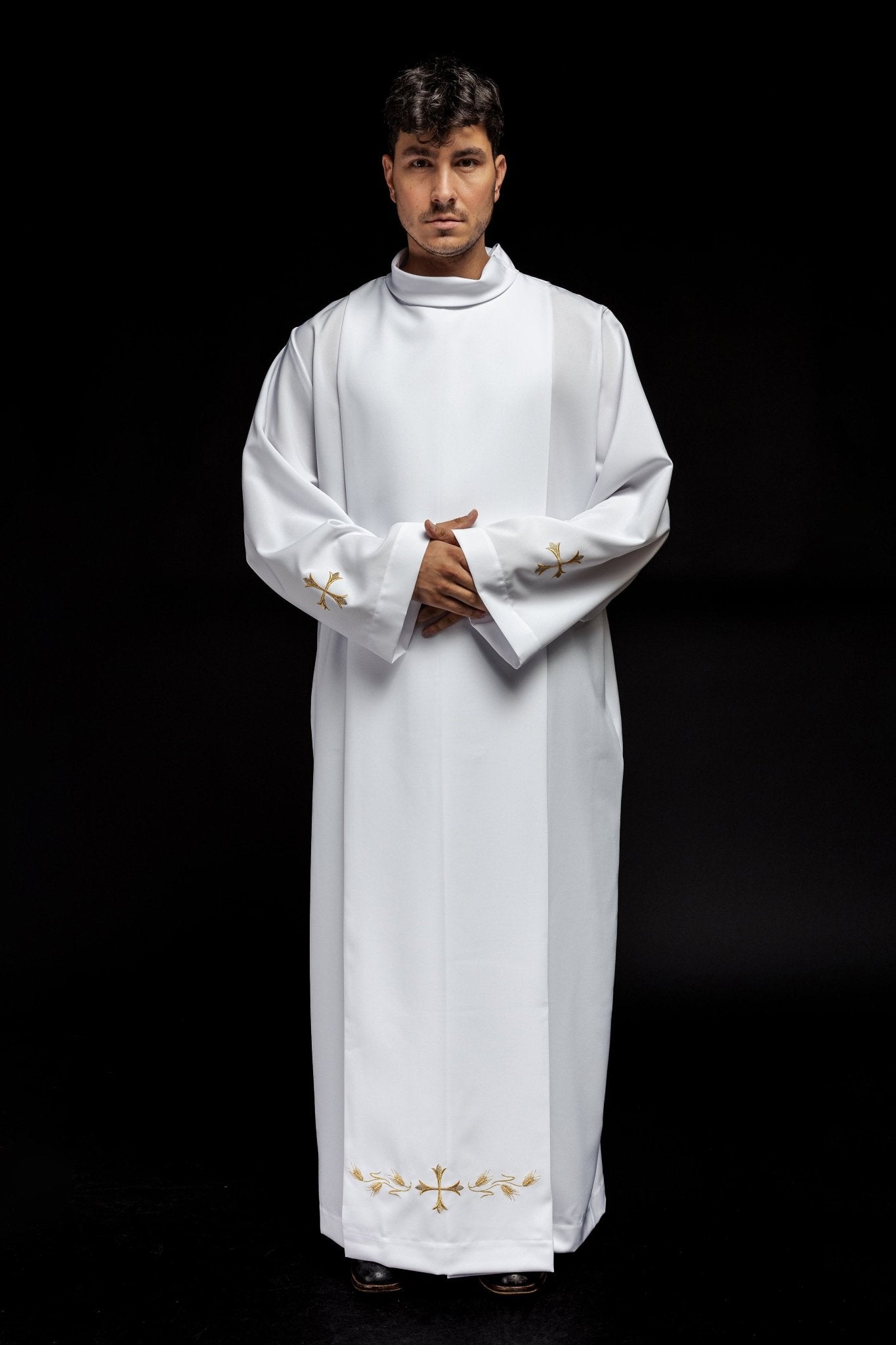 Camice sacerdotale collo alto ricamo con croci Bianco KAB/004/04/12 135cm/164cm - PERILPRETE.IT