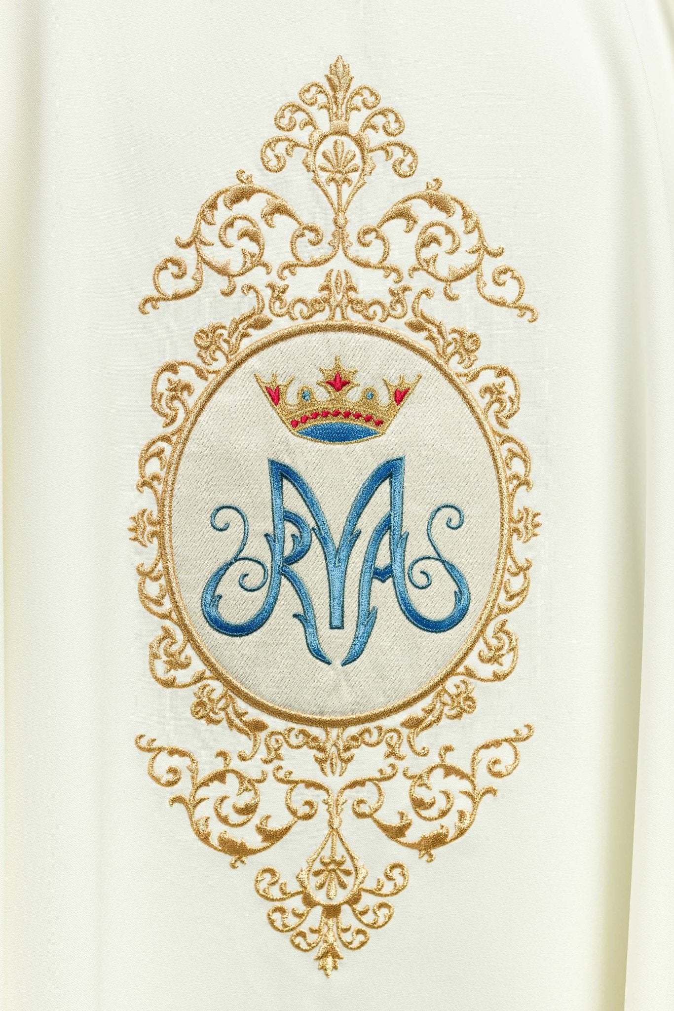 Casula con motivo mariano contornato da ricami dorati KOR/232/05/12 ECRU - PERILPRETE.IT