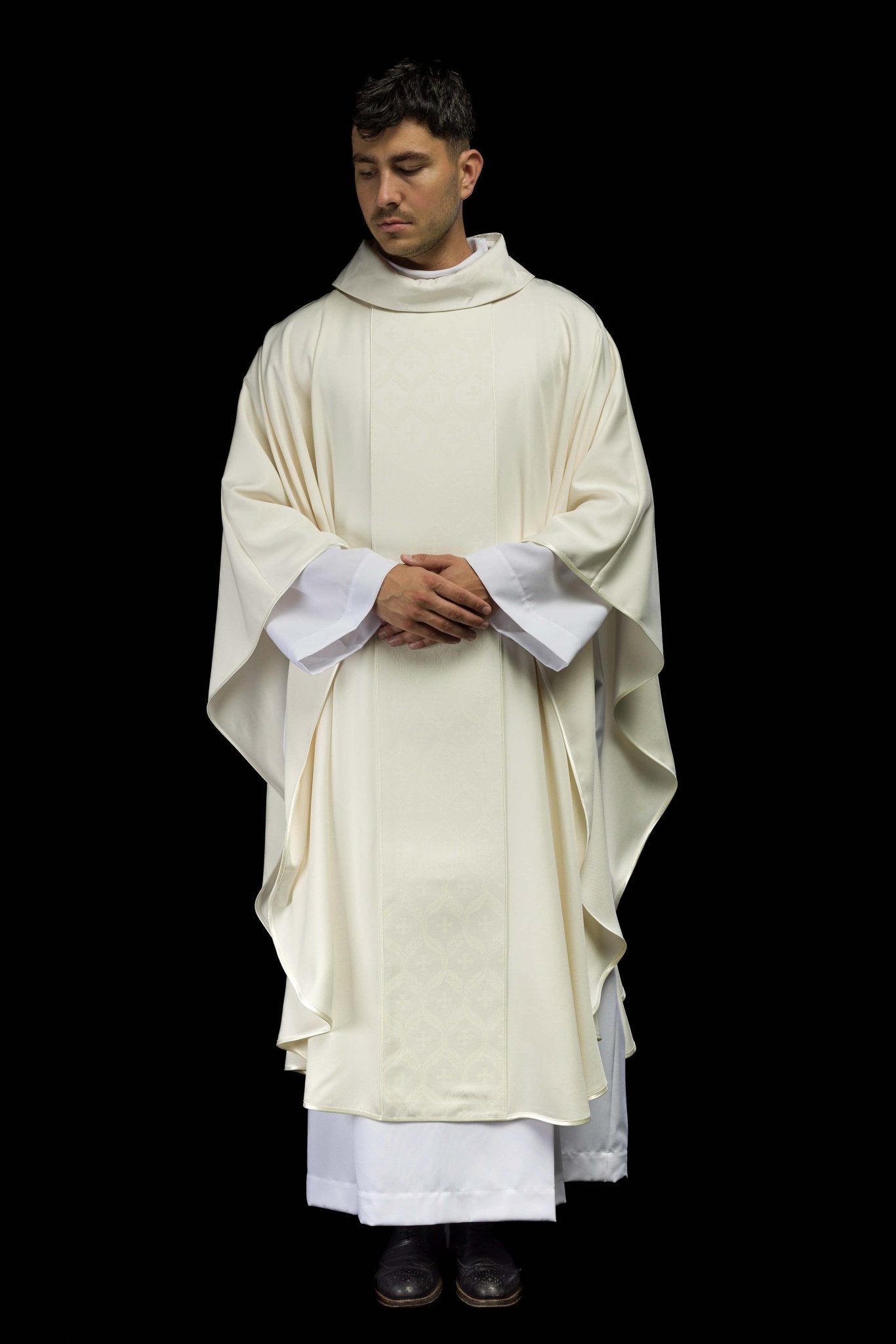 Casula écru con banda jacquard decorata con croci KOR/402/05/53 - PERILPRETE.IT
