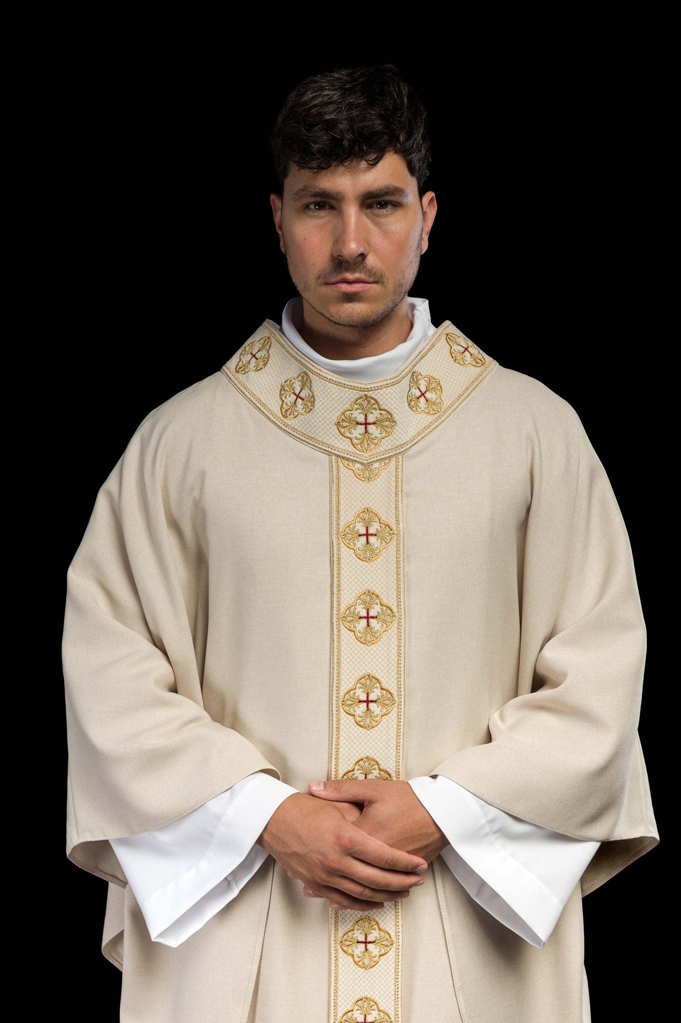 Casula in ecru con cintura ricamata e collo incrociato S-7069-05-70 - PERILPRETE.IT