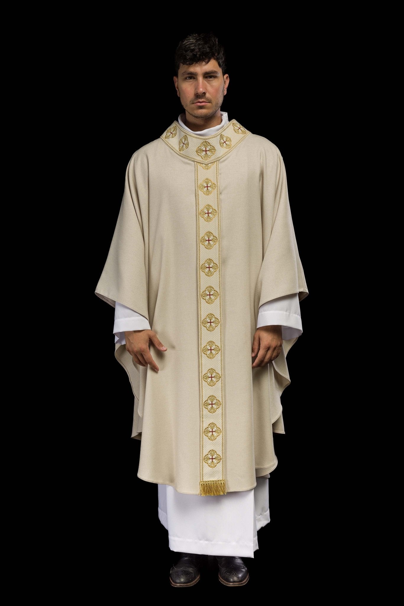 Casula in ecru con cintura ricamata e collo incrociato S-7069-05-70 - PERILPRETE.IT