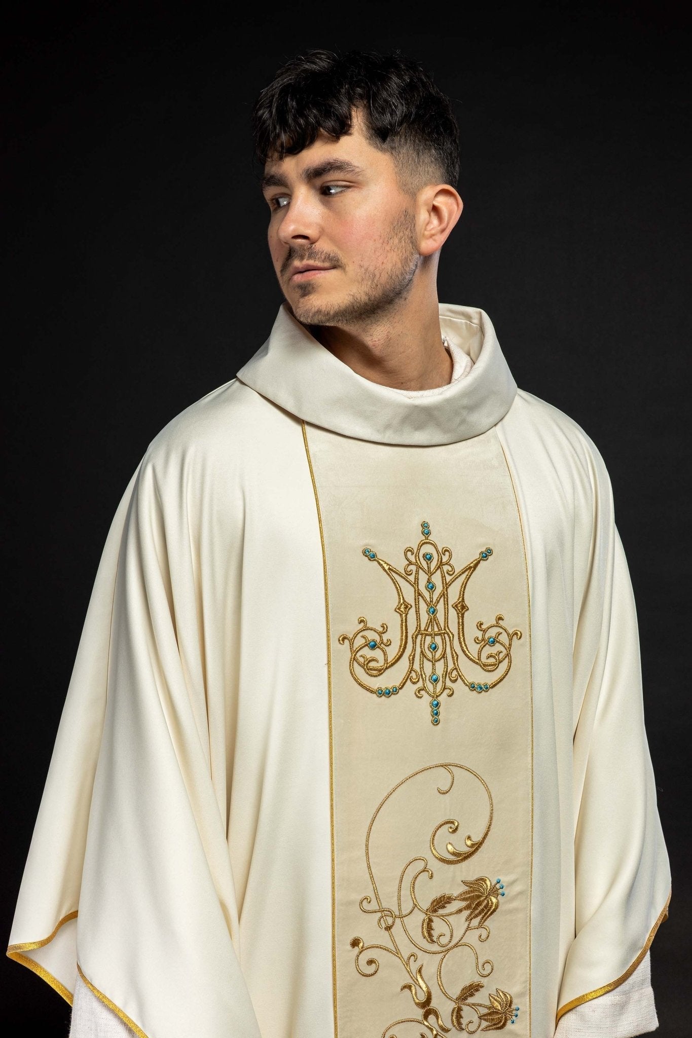 Casula liturgica mariana con stolone vellutato écru KOR/372/05/53/PA ECRU - PERILPRETE.IT