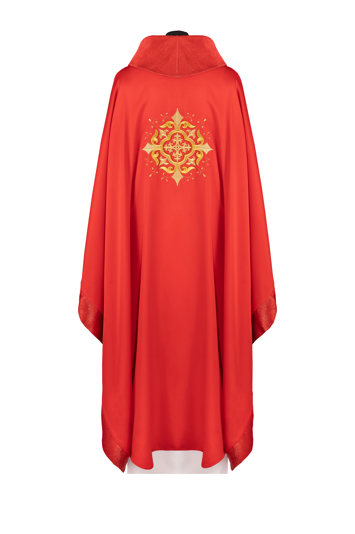 Casula liturgica rossa con motivo ricamato della croce e finiture pregiate KDT/7021/02/53 - PERILPRETE.IT