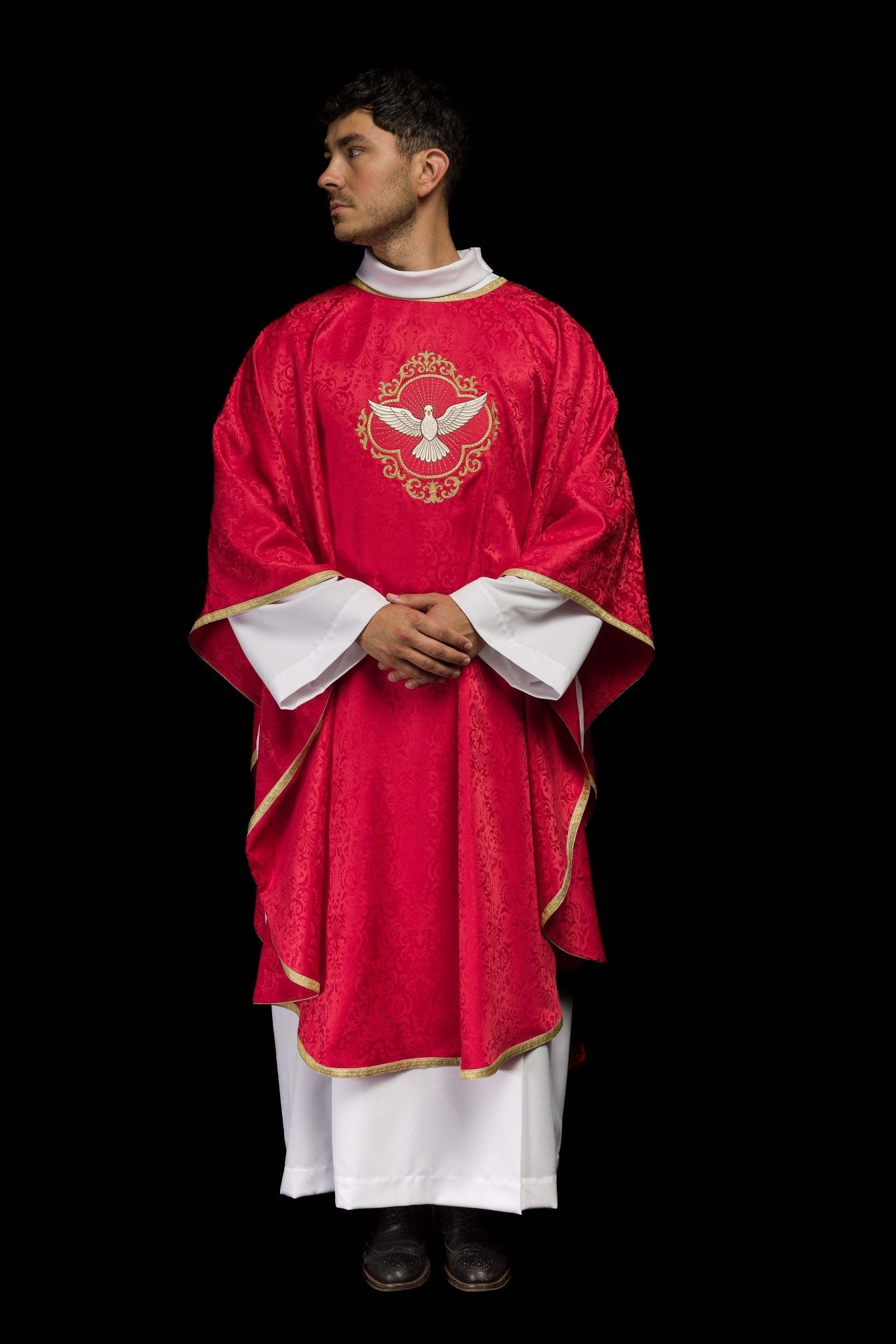 Casula ricamata con lo Spirito Santo su tessuto jacquard KOA/003/02/98 - PERILPRETE.IT