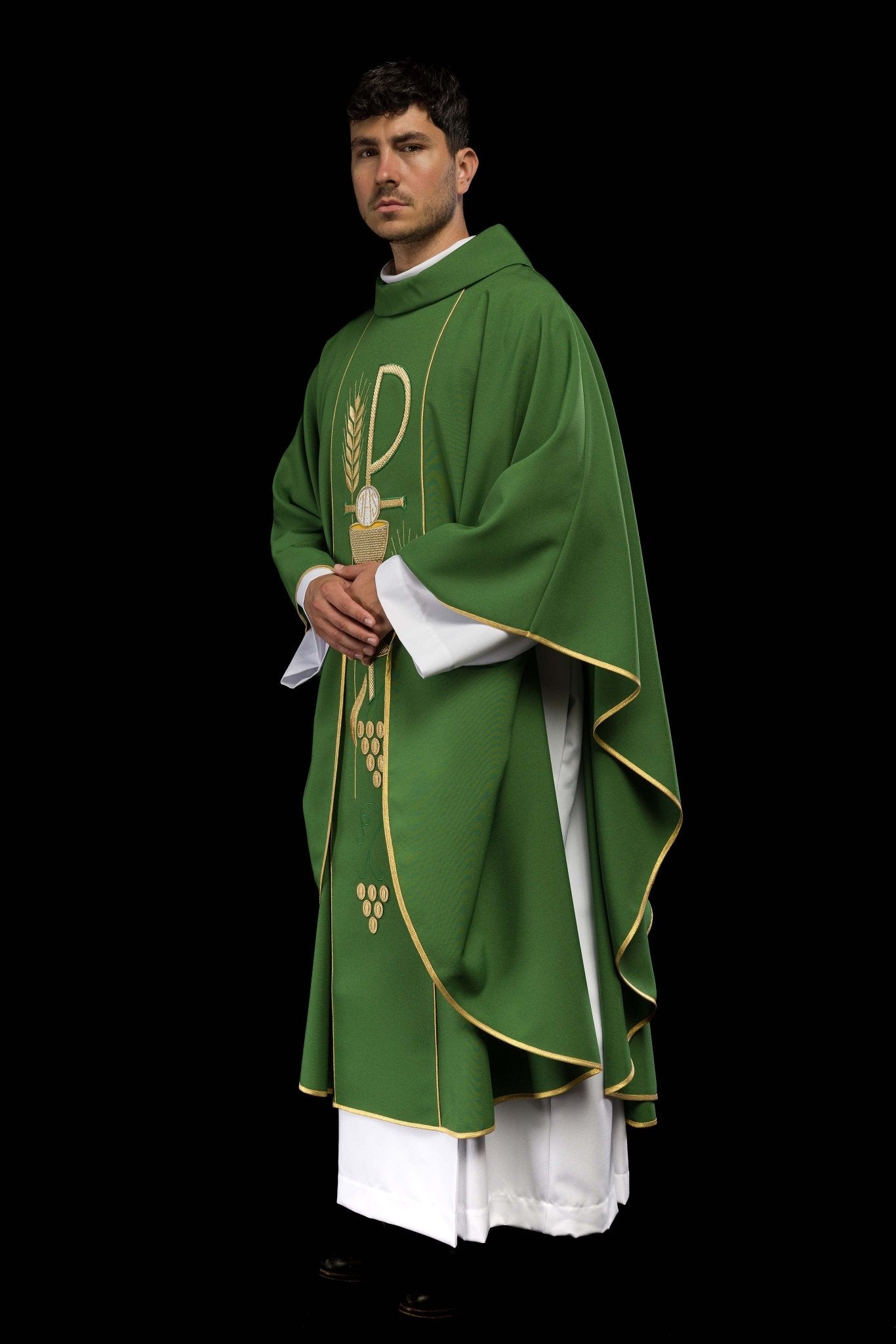 Casula Verde con ricamo Calice e IHS KOR/001/01/01 ZIELONY - PERILPRETE.IT