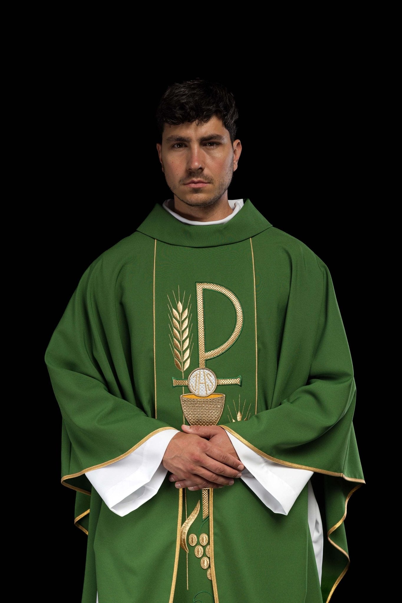 Casula Verde con ricamo Calice e IHS KOR/001/01/01 ZIELONY - PERILPRETE.IT
