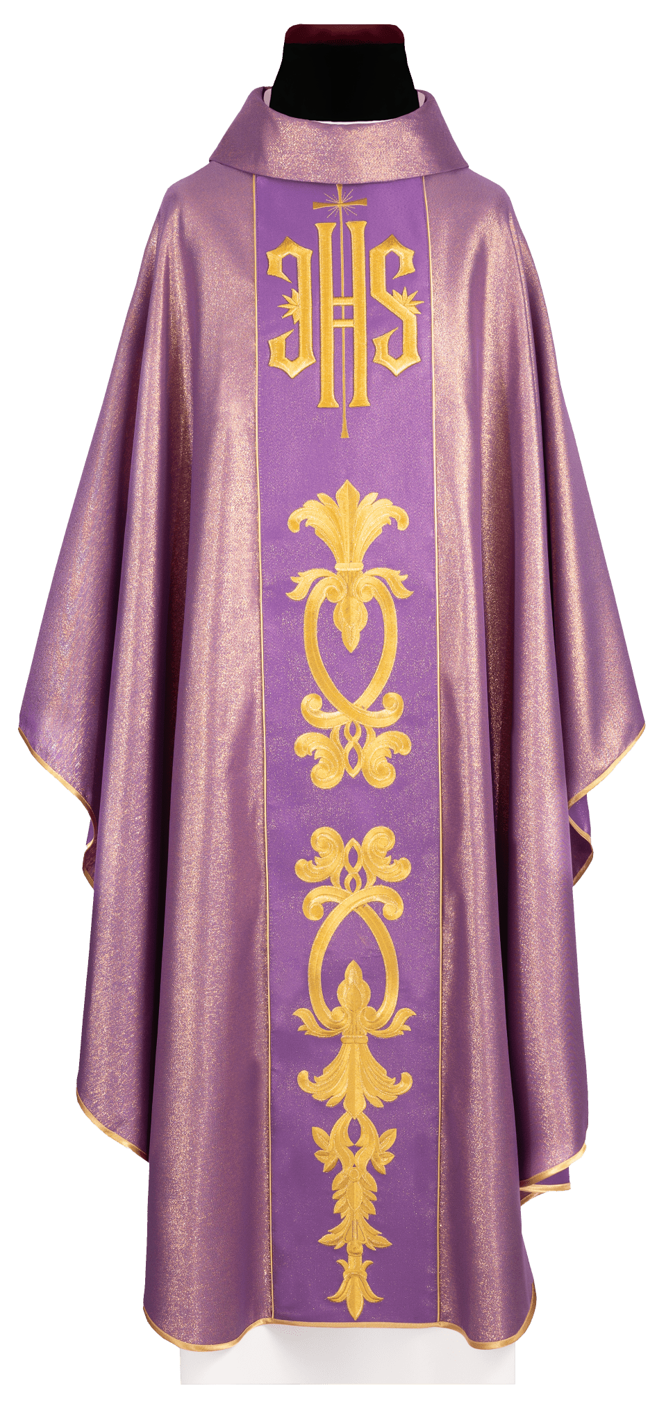 Casula viola riccamente decorata con motivo dorato e ampia fascia IHS KDT/7001/03/54 FIOLET - PERILPRETE.IT