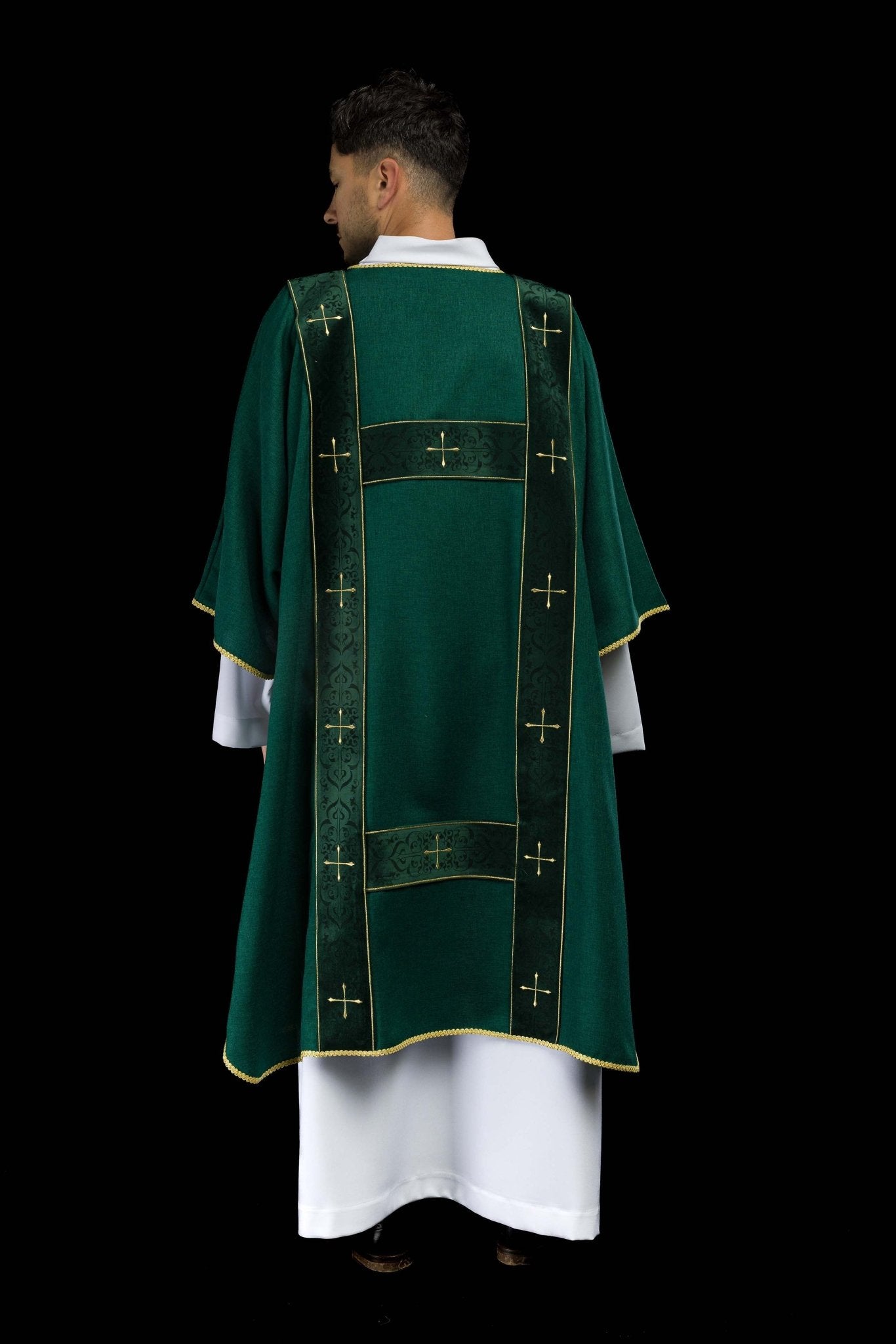 Dalmatica con fasce in velluto e croci dorate ricamate verde LE/1073/01/B - PERILPRETE.IT