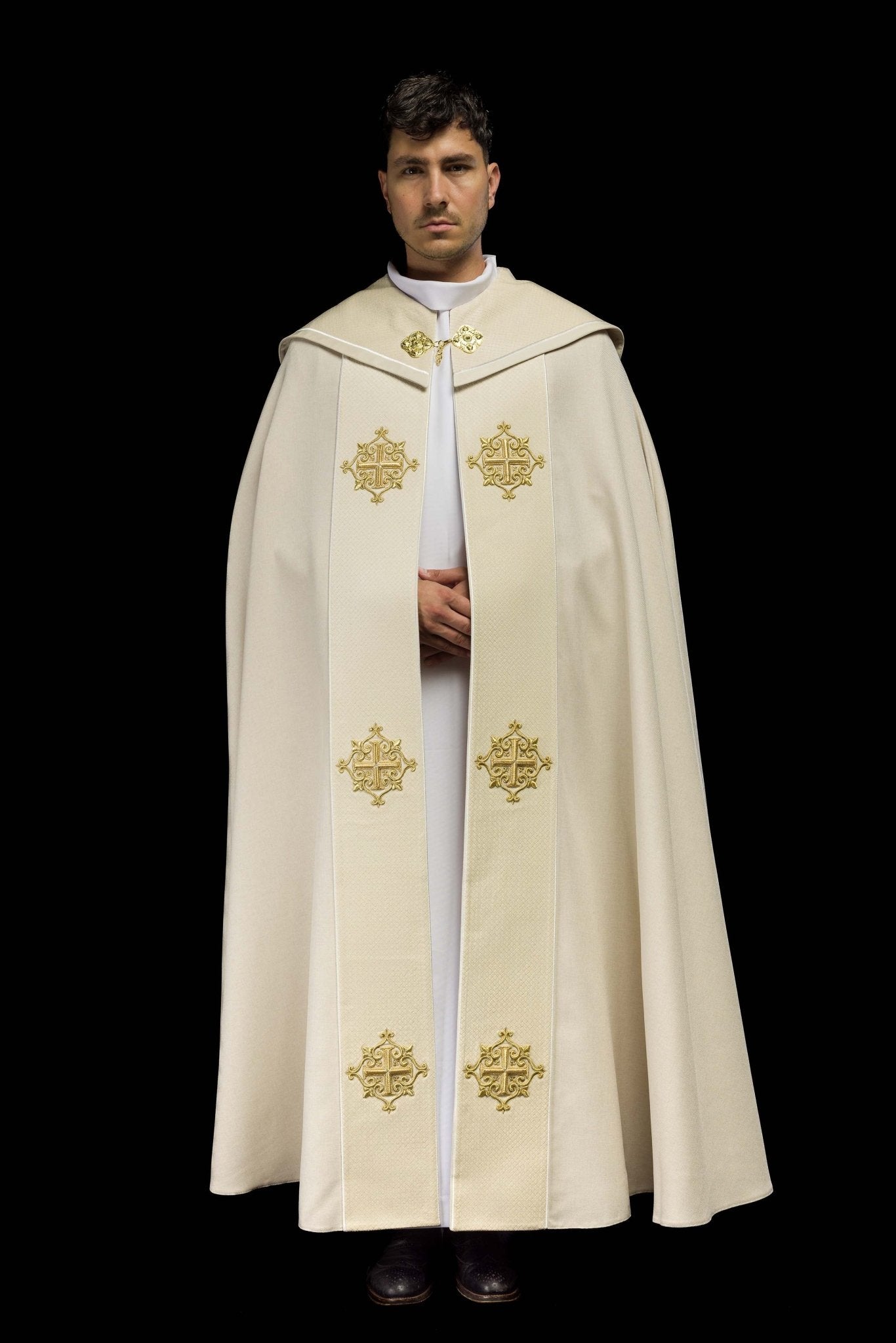 Piviale liturgico con banda in velluto écru e ricamo di croci LE/3029/05 145 cm - PERILPRETE.IT