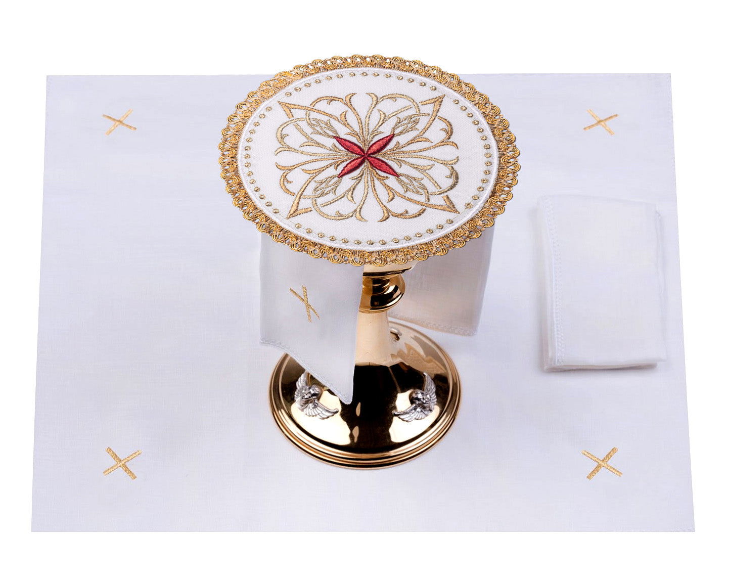 Servizio da messa con motivo a croce con decorazioni dorate e motivo floreale ricamato S - 5029 - C2 - PERILPRETE.IT
