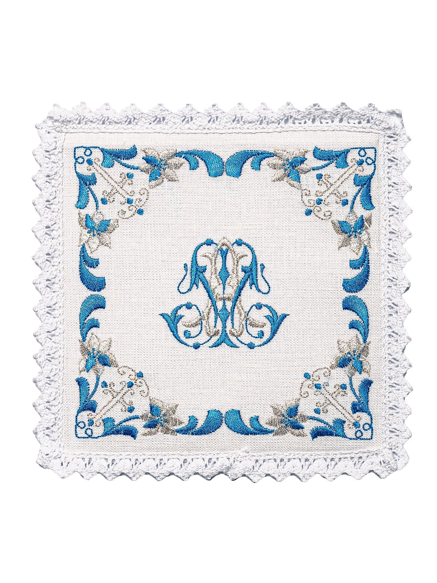 Servizio Messa in lino ricamata blu mariana KKL/092 - PERILPRETE.IT