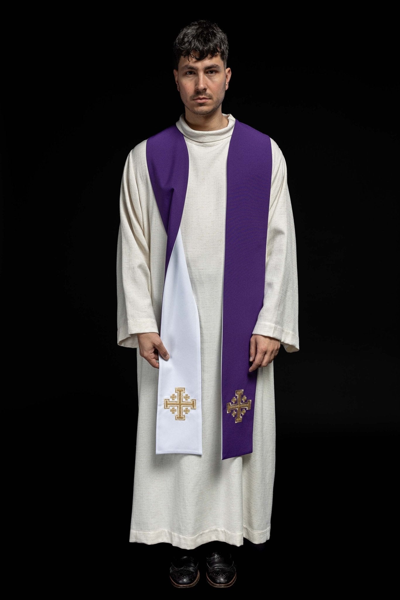 Stola bifacciale Croce di Gerusalemme viola e bianca KST/046/03 - 04/01 FILETOWO - BIAŁA - PERILPRETE.IT