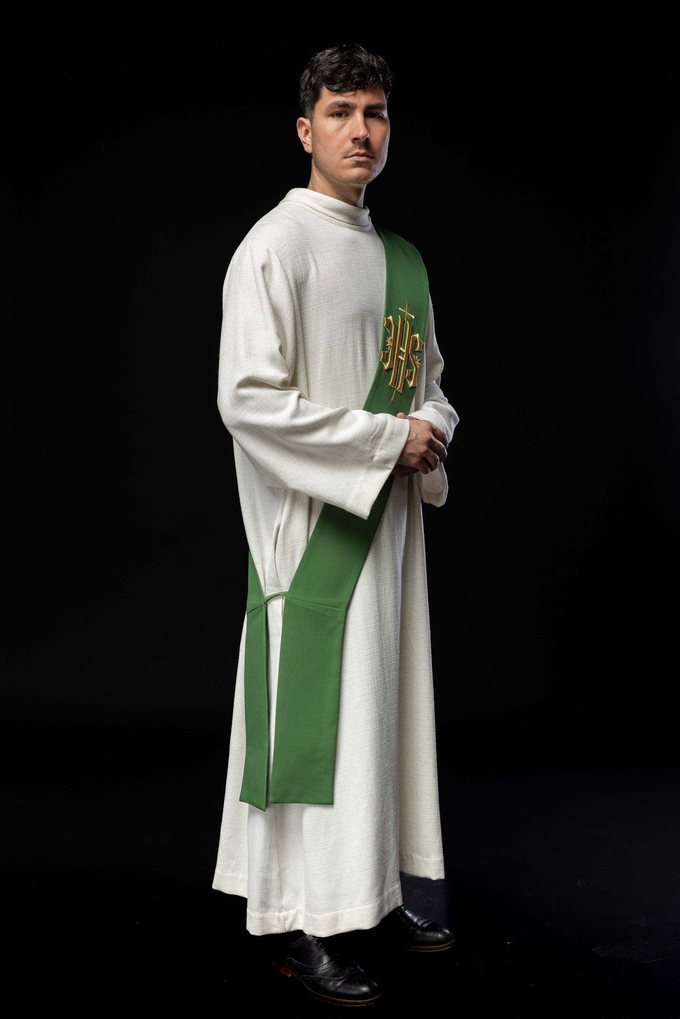 Stola diaconale ricamata IHS con Croce Verde KSD/135/01/01 ZIELONY - PERILPRETE.IT
