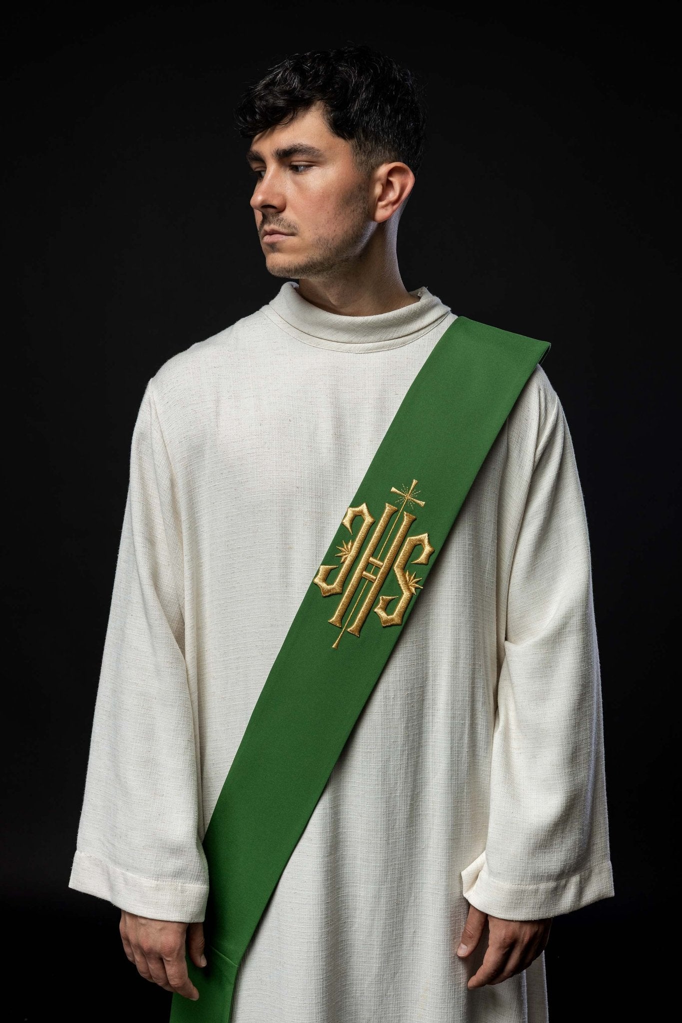 Stola diaconale ricamata IHS con Croce Verde KSD/135/01/01 ZIELONY - PERILPRETE.IT