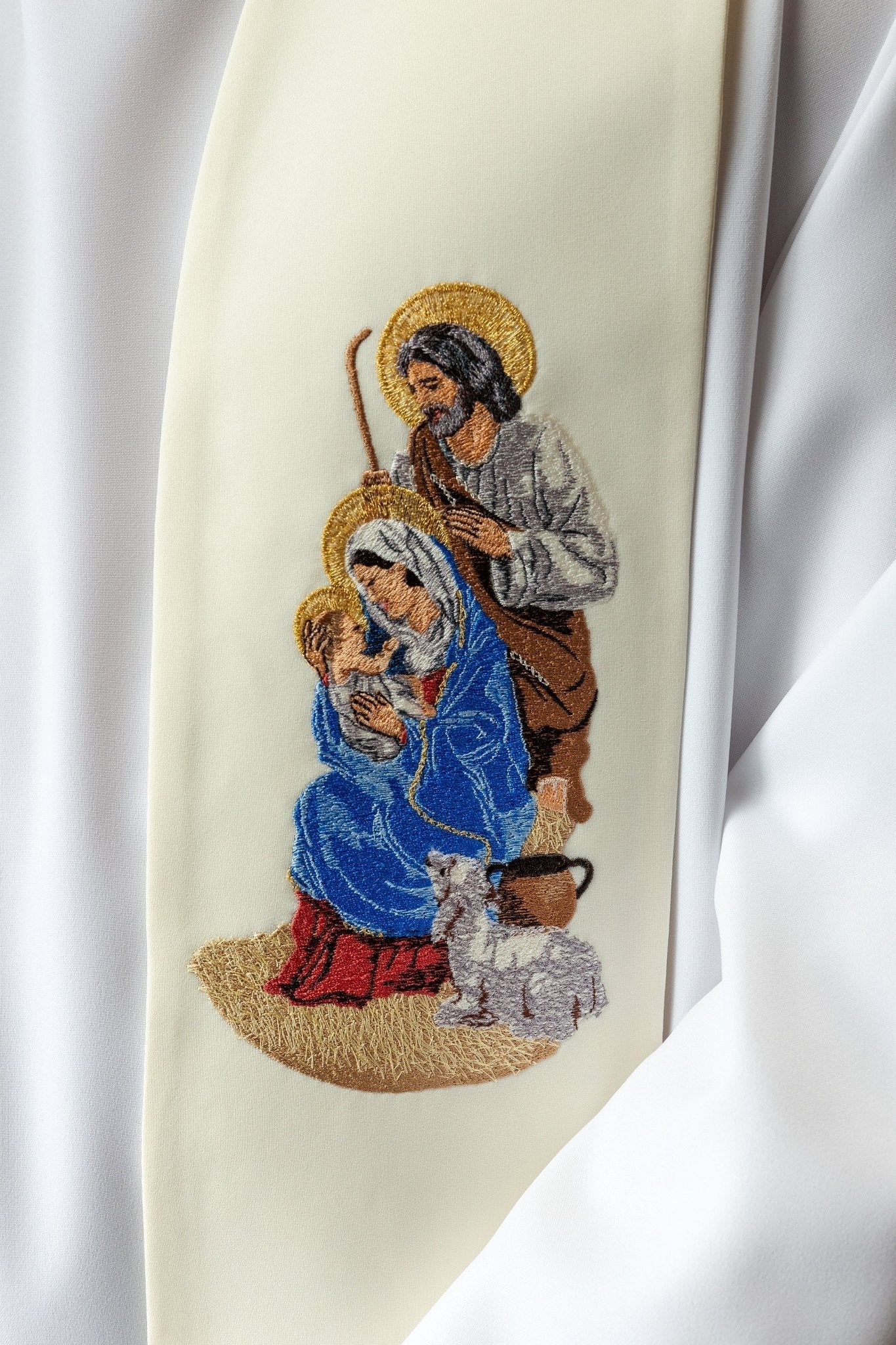 Stola ricamata con l'immagine della Sacra Famiglia per Natale KZS2/260/05/01 ECRU - PERILPRETE.IT
